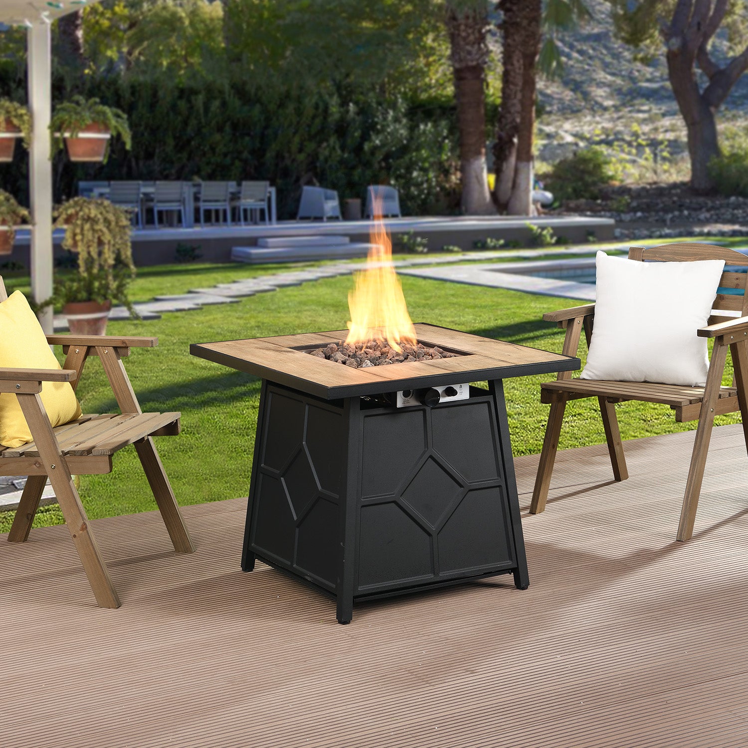 Brown Fire Pit Table, 30-inch Square 40,000 BTU Auto-Ignition Propane Gas Firepit with Waterproof Cover-Boyel Living