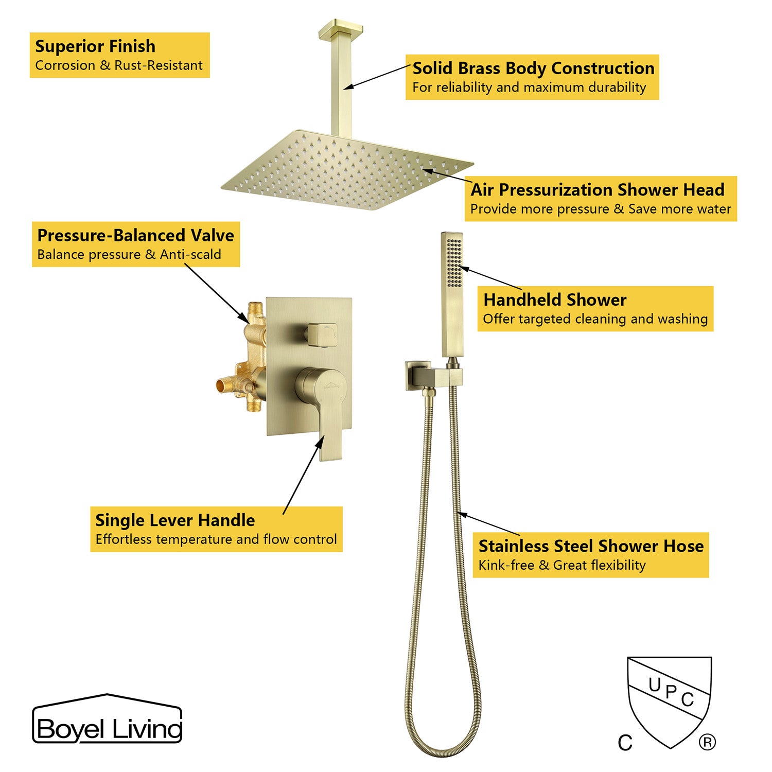 Boyel Living 12 in. Ceiling Mount Dual Shower Heads with Rough-In Valve Body and Trim in Brushed Gold-Boyel Living