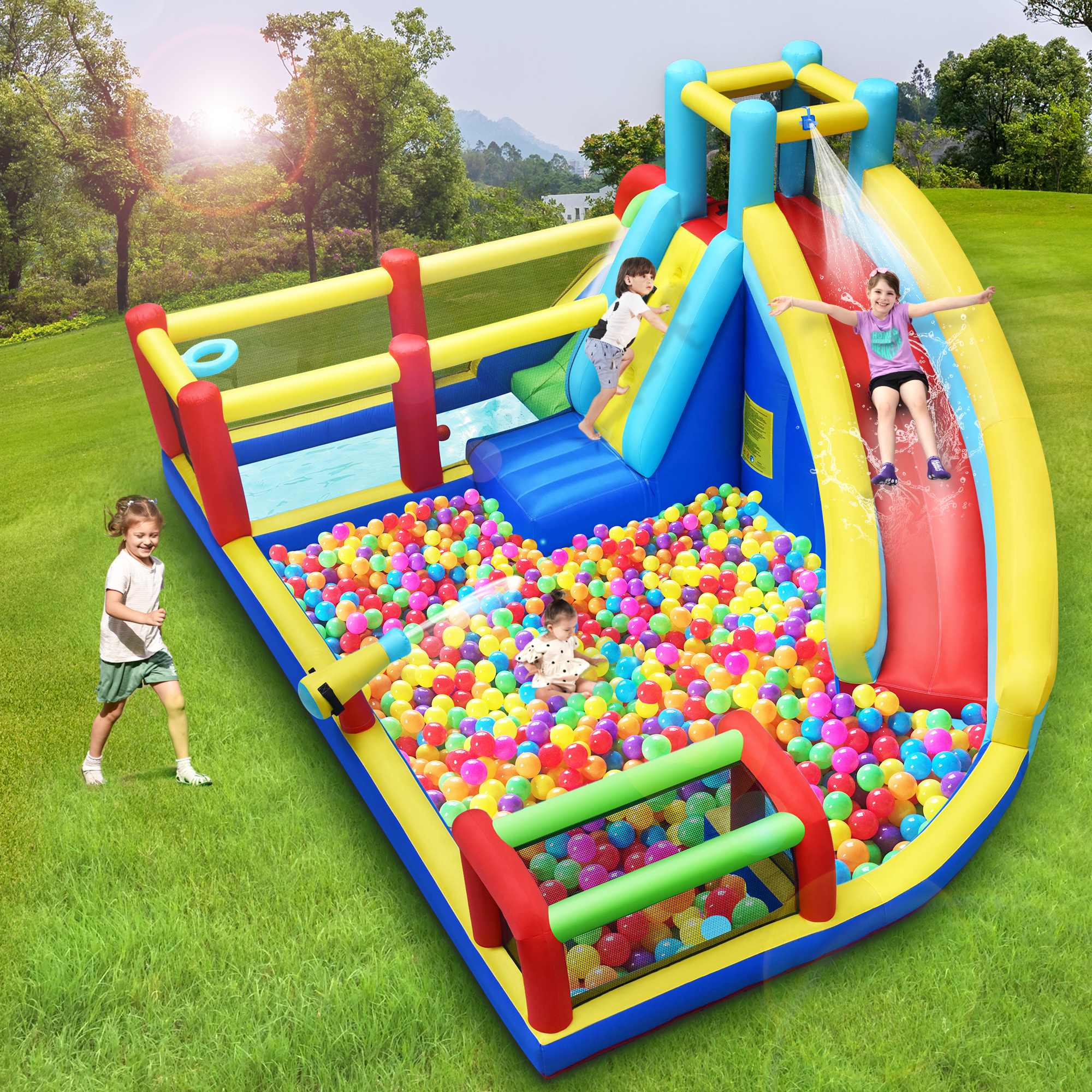 Inflatable Playground Backyard Water Park with Climbing Wall, Splash Pool, Water Cannon, Basketball Rim, Soccer Goal, Heavy Duty Blower, Water Sprinkler, for Outdoor Summer Fun-Boyel Living