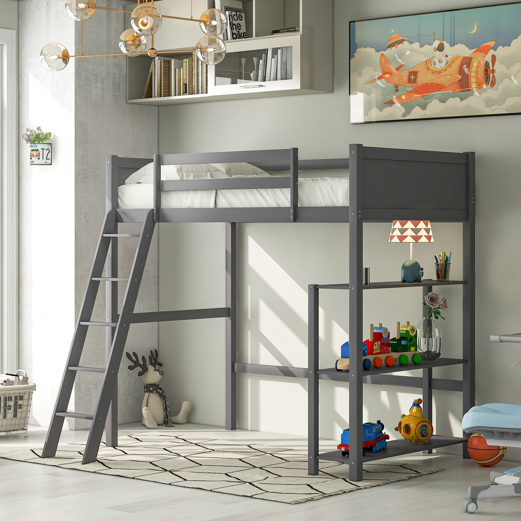 Twin size Loft Bed with Storage Shelves and Ladder-Gray-Boyel Living