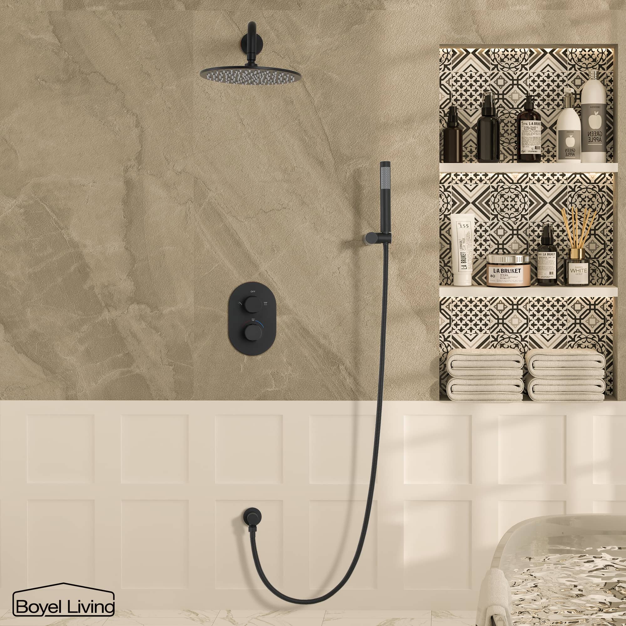 Boyel Living Wall-Mounted Round Bathroom Shower Faucets Set with 1.5 GPM Handheld Shower in Matte Black-Boyel Living