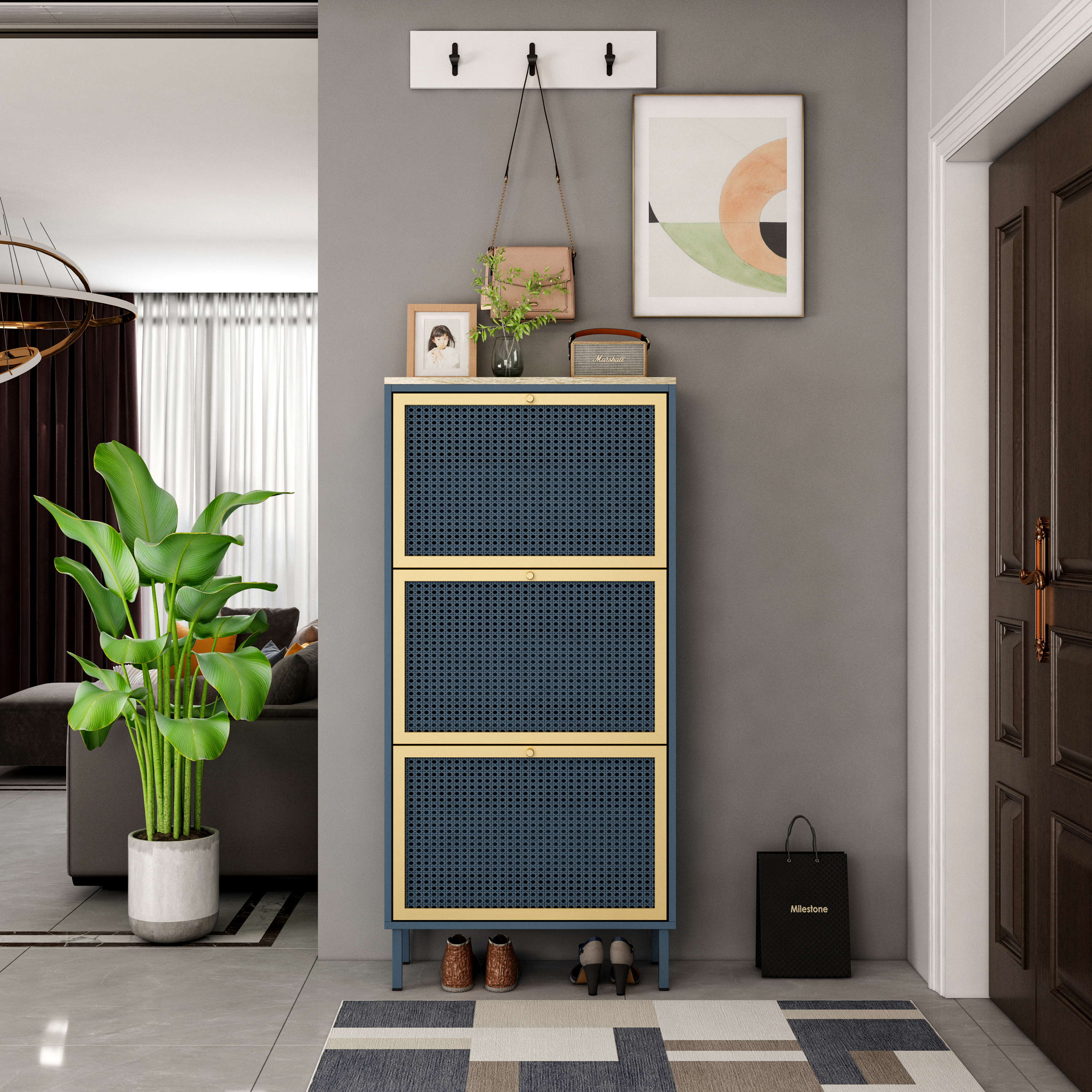 3 Metal Door Shoe Rack, Freestanding Modern Shoe Storage Cabinet, Metal rattan, for Entryway 