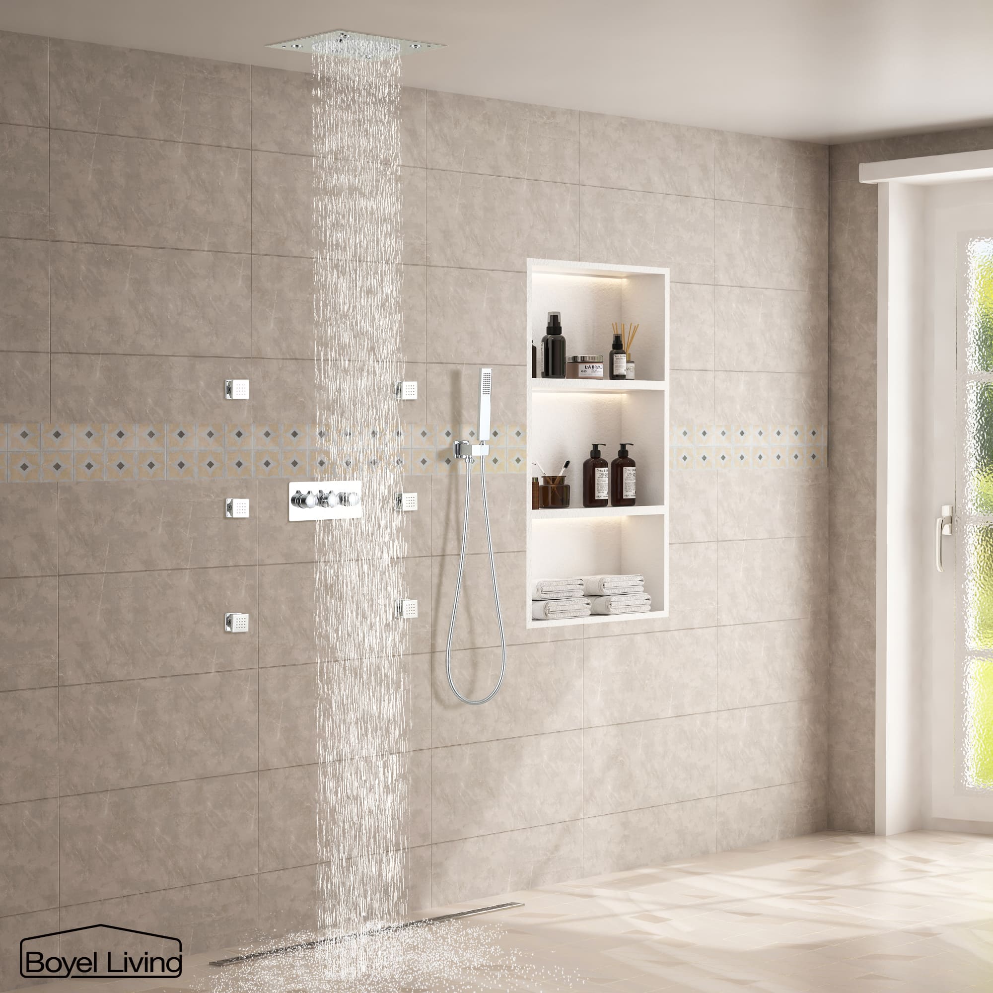 Boyel Living Luxury LED Ceiling Rainfall Shower Head System with Body Jets Bathroom Shower Faucet Complete Set, Flow Adjustable-Boyel Living