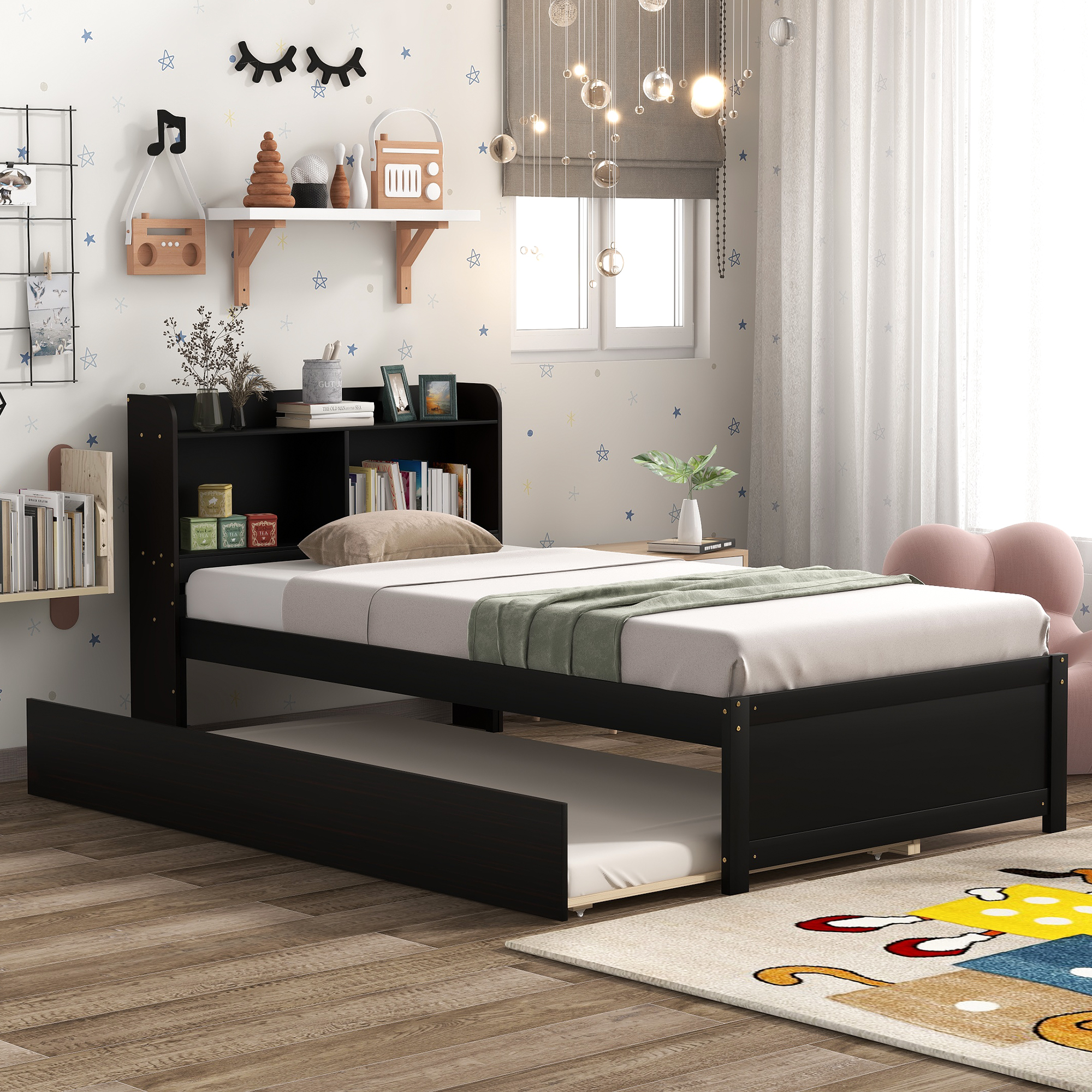 Twin Bed with Trundle,Bookcase,Espresso