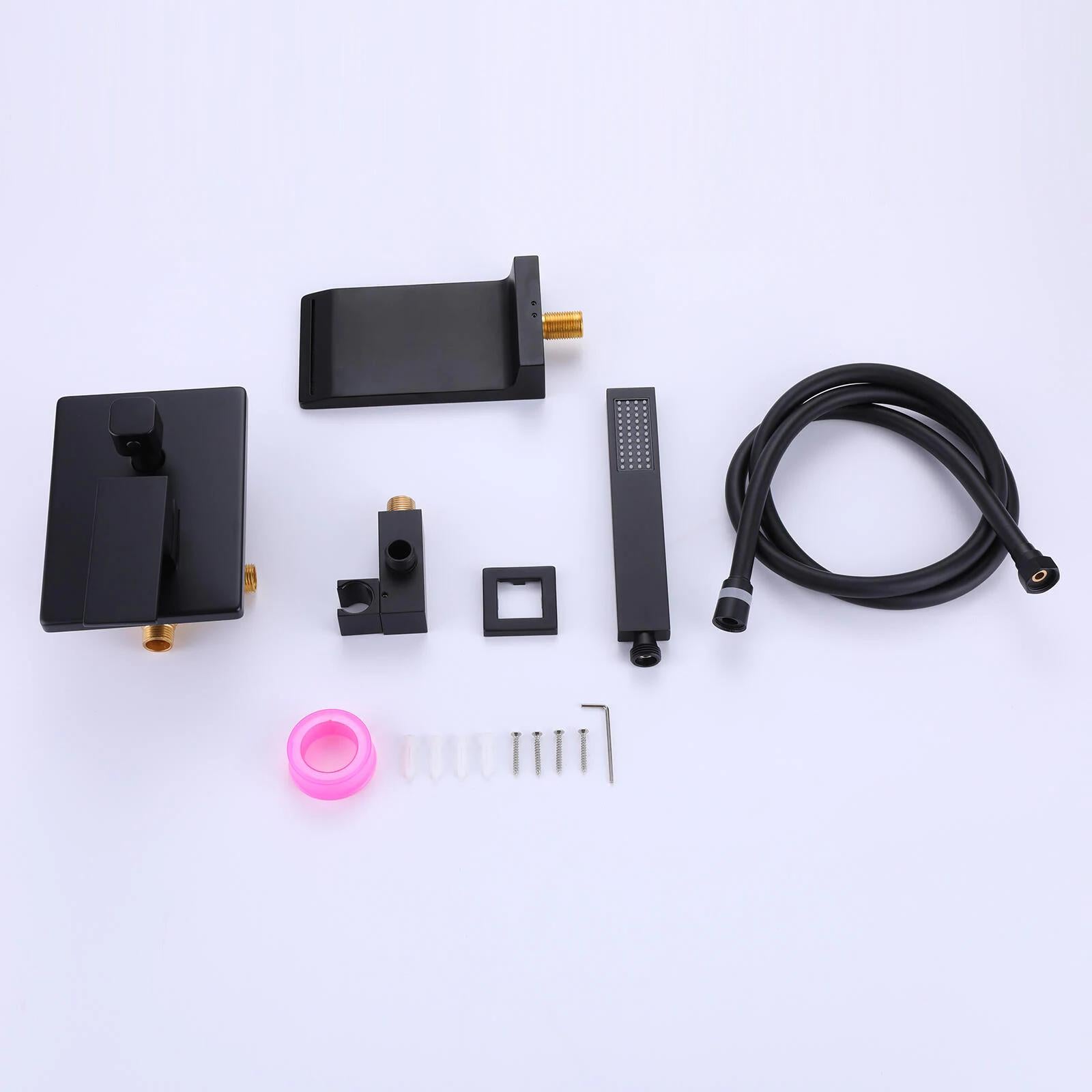 Bathtub Faucet Matte Black, Waterfall Wall Mount Tub Filler Faucet with Handheld Shower Brass, Waterfall Spout High Flow Wall Mount Tub Faucet-Boyel Living