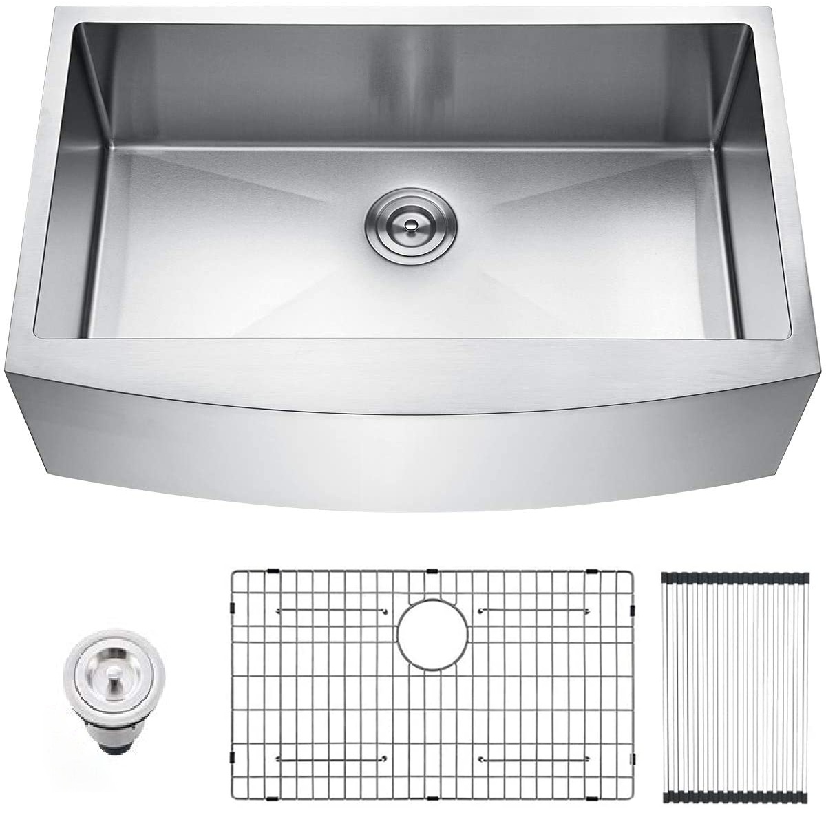 Brushed Nickel 16 gauge Stainless Steel 33 in. Single Bowl Farmhouse Apron Kitchen Sink with Bottom Grid and Basket Strainer 