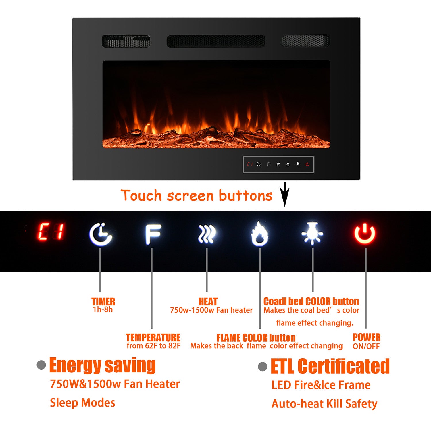 Boyel Living Electric Wall Mounted Recessed Fireplace with Remote 1500/750 Watt in Black, 30/36/40/50/60 in.-Boyel Living