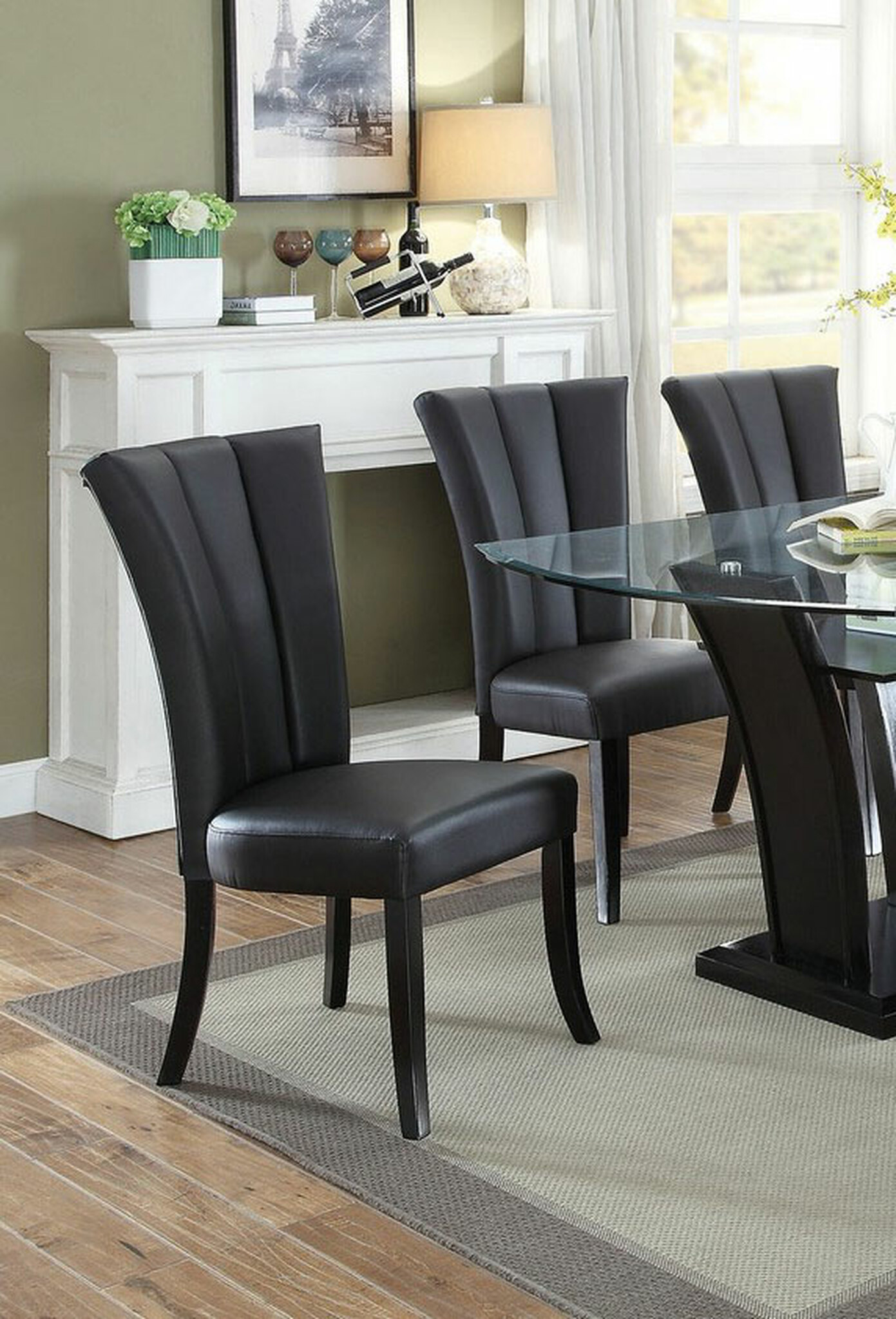 Black Faux Leather Upholstered Lines back Set of 2 Chairs Dining Room-Boyel Living