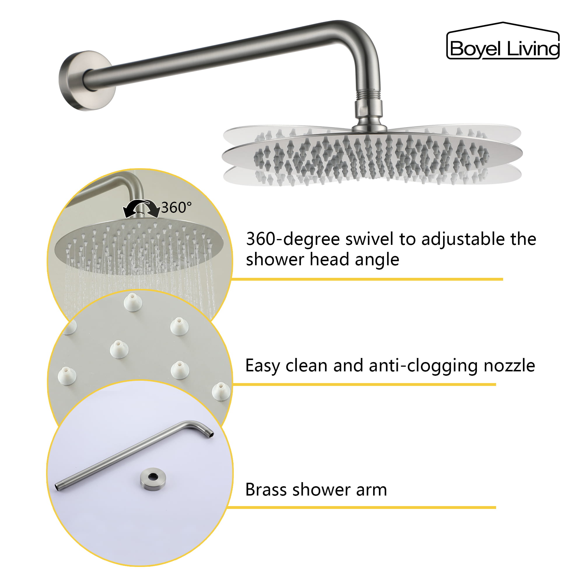 Shower System with Swivel Round Shower Head Head and Easy Clean Anti-Clogging Nozzle-Boyel Living
