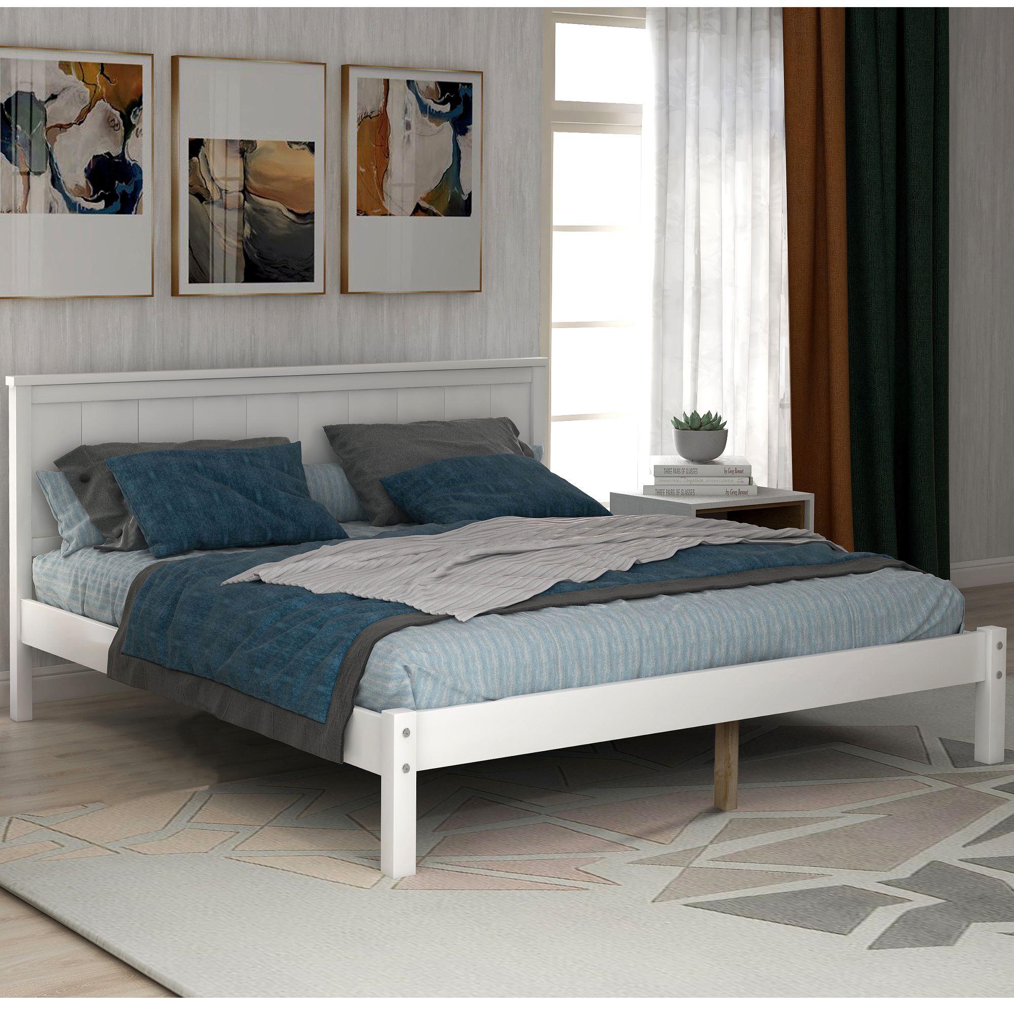 Platform Bed Frame with Headboard , Wood Slat Support , No Box Spring Needed ,Full,White-Boyel Living