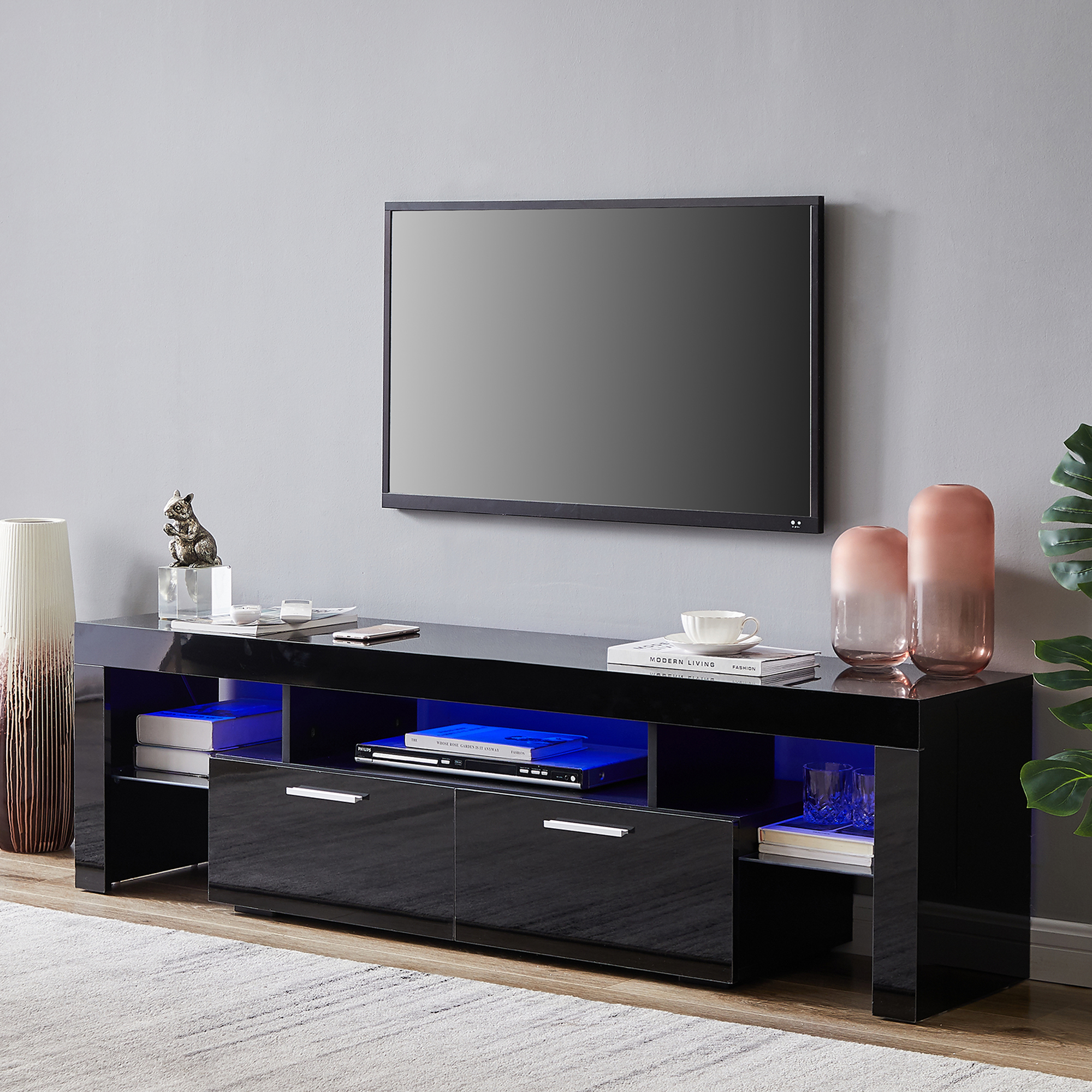 Black morden TV Stand with LED Lights,high glossy front TV Cabinet,can be assembled in Lounge Room, Living Room or Bedroom,color:black-Boyel Living