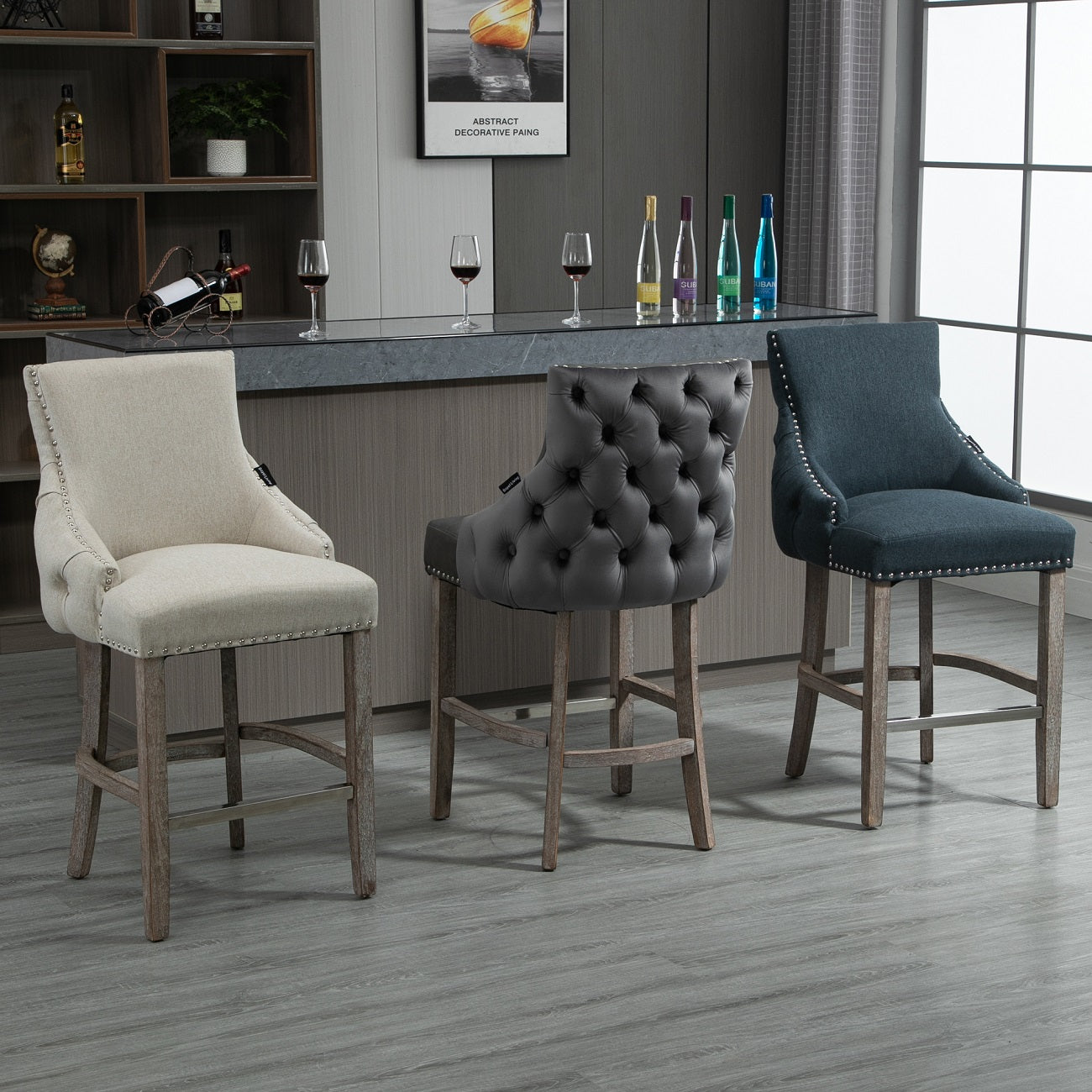 40 in. Gray Velvet+PU Fabric Nailhead Tufted Bar Stool with 4 Solid Wood Legs, Set of 2-Boyel Living