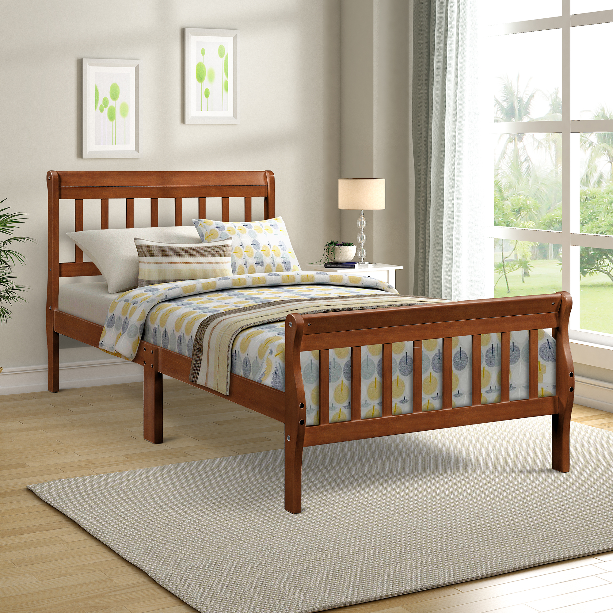 Wood Platform Bed Twin Bed Frame Panel Bed Mattress Foundation Sleigh Bed with Headboard/Footboard/Wood Slat Support-Boyel Living
