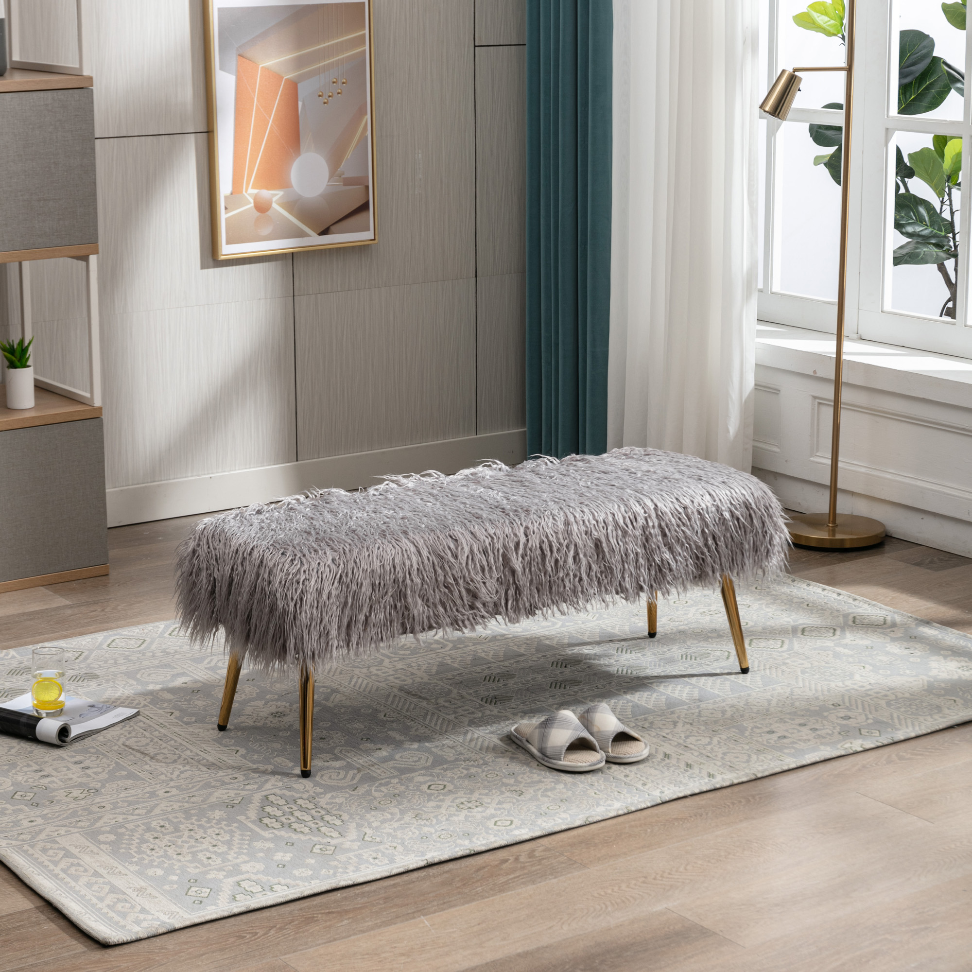 HengMing Faux Fur Plush Ottoman Bench, Modern Fluffy Upholstered Bench for Entryway Dining Room Living Room Bedroom, GRAY