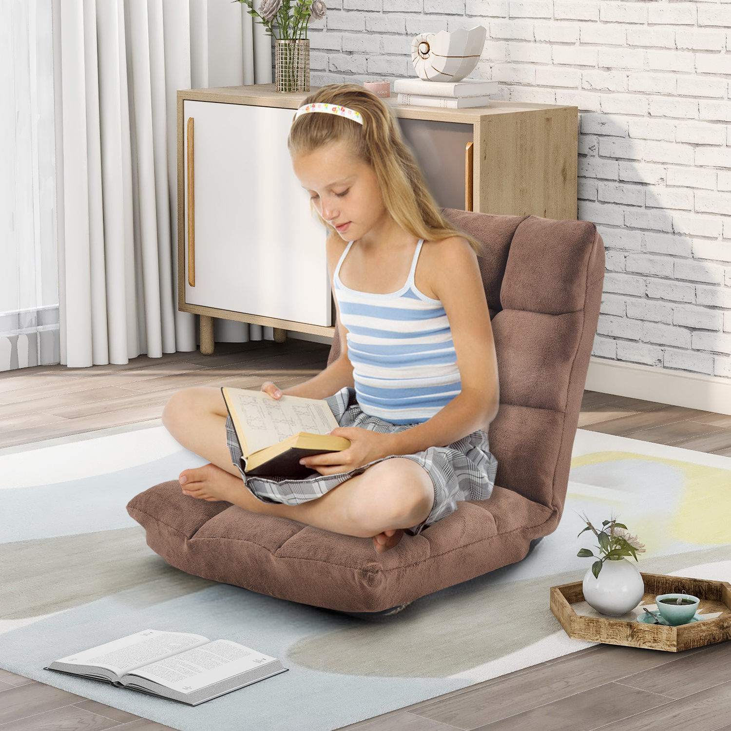 Orisfur. Fabric Upholstered Folding Lazy Sofa Chair Adjustable Floor Sofa Chair Espresso-Boyel Living