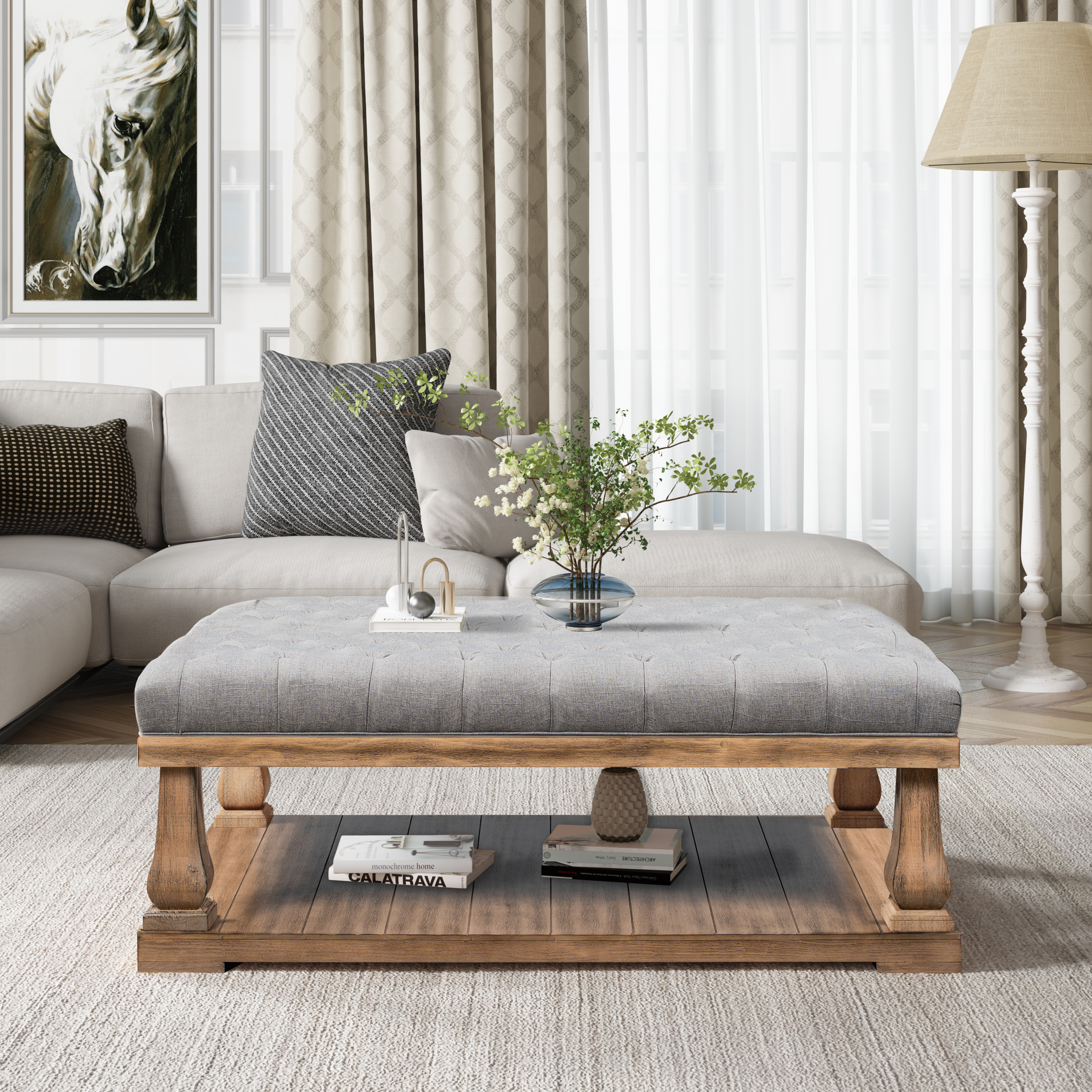 Upholstered Storage Bench with Wood Shelf, Bed End Bench with Padded Seat, Coffee table,End table, Hallway, Bedroom, Living Room（Grey）-Boyel Living