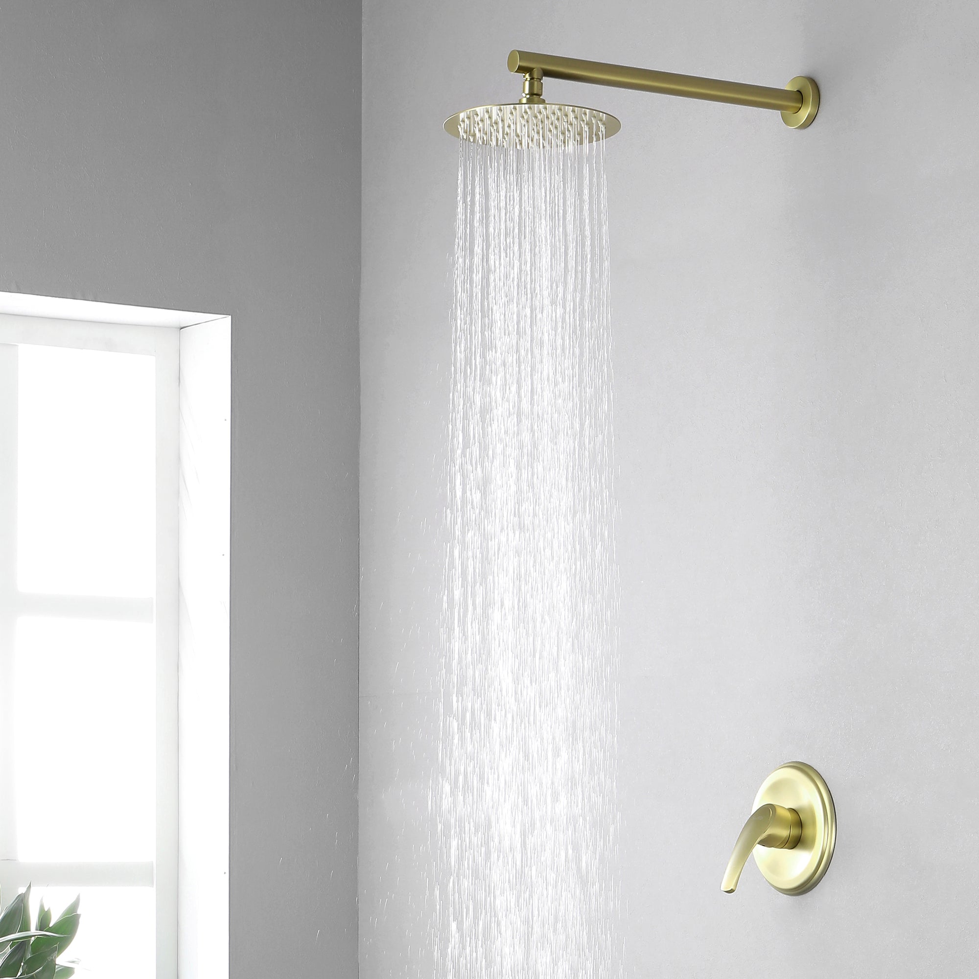 Boyel Living 1-Spray Patterns with 2.5 GPM 8 in. Wall Mount Rain Fixed Shower Head with Single Lever Handle and Valve in Brushed Gold-Boyel Living