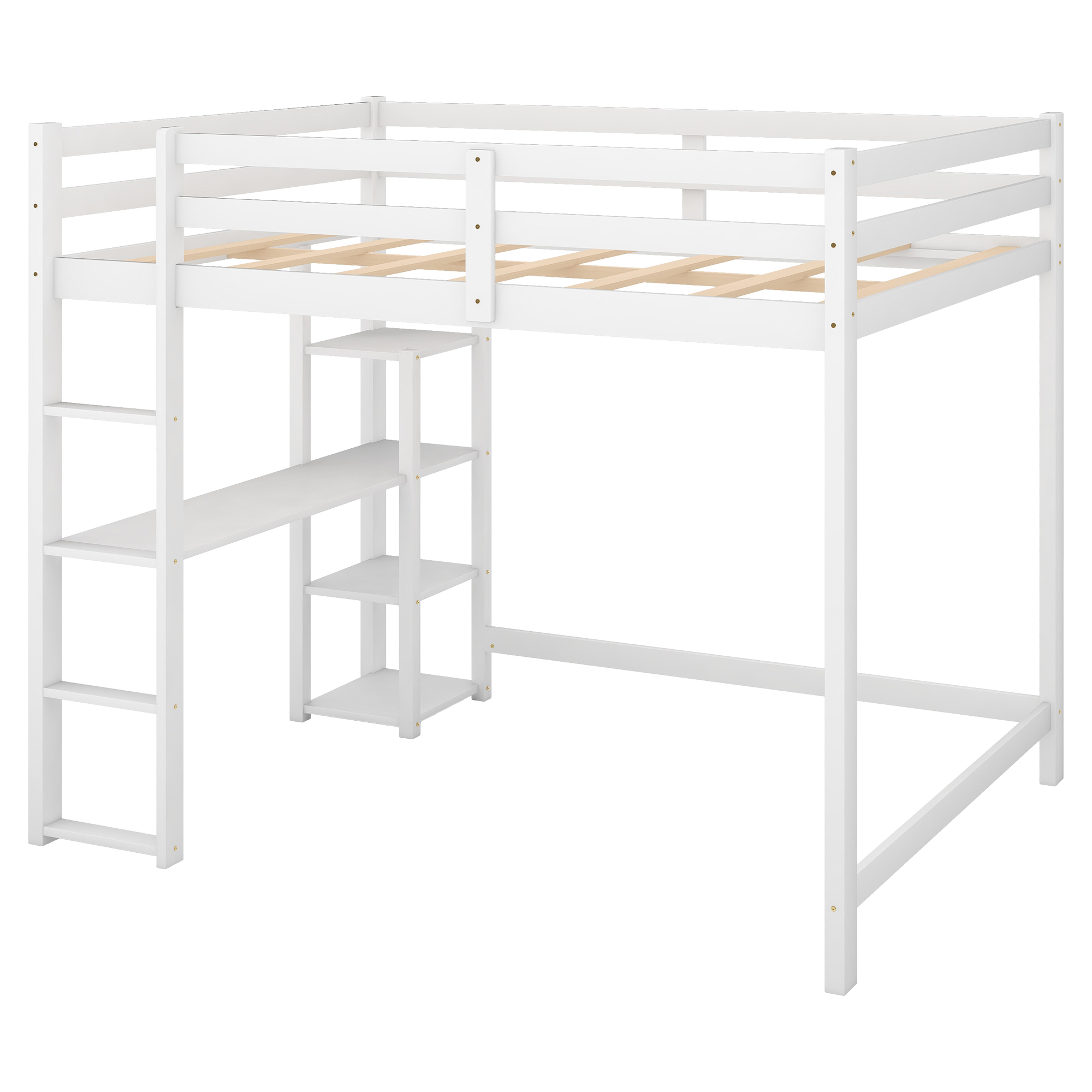 Full Size Loft Bed with Built-in Desk and Shelves,White/Gray