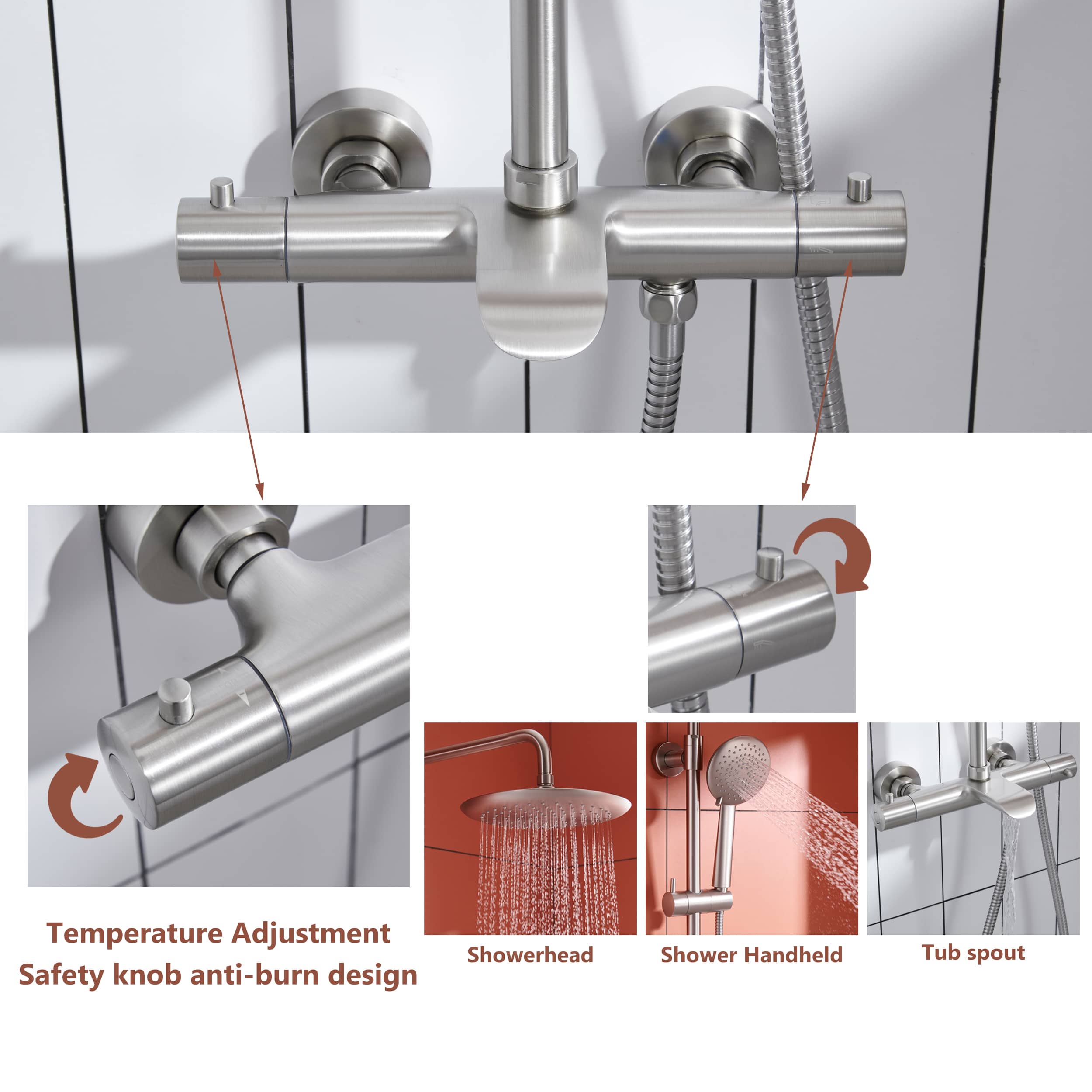 3 Function Wall Mount Round Thermostatic Rain Shower System with Tub Spout in Brushed Nickel-Boyel Living