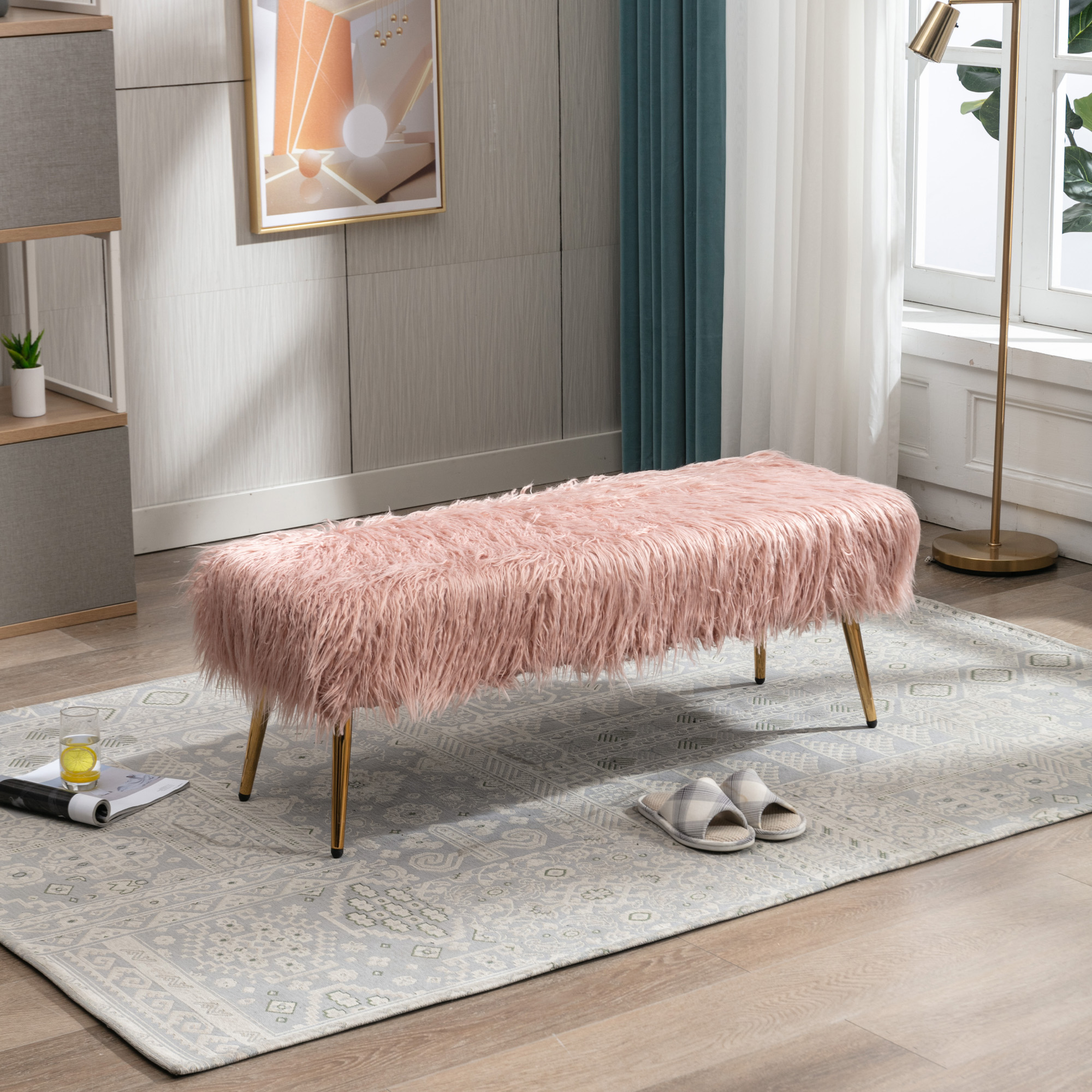 HengMing Faux Fur Plush Ottoman Bench, Modern Fluffy Upholstered Bench for Entryway Dining Room Living Room Bedroom, Pink