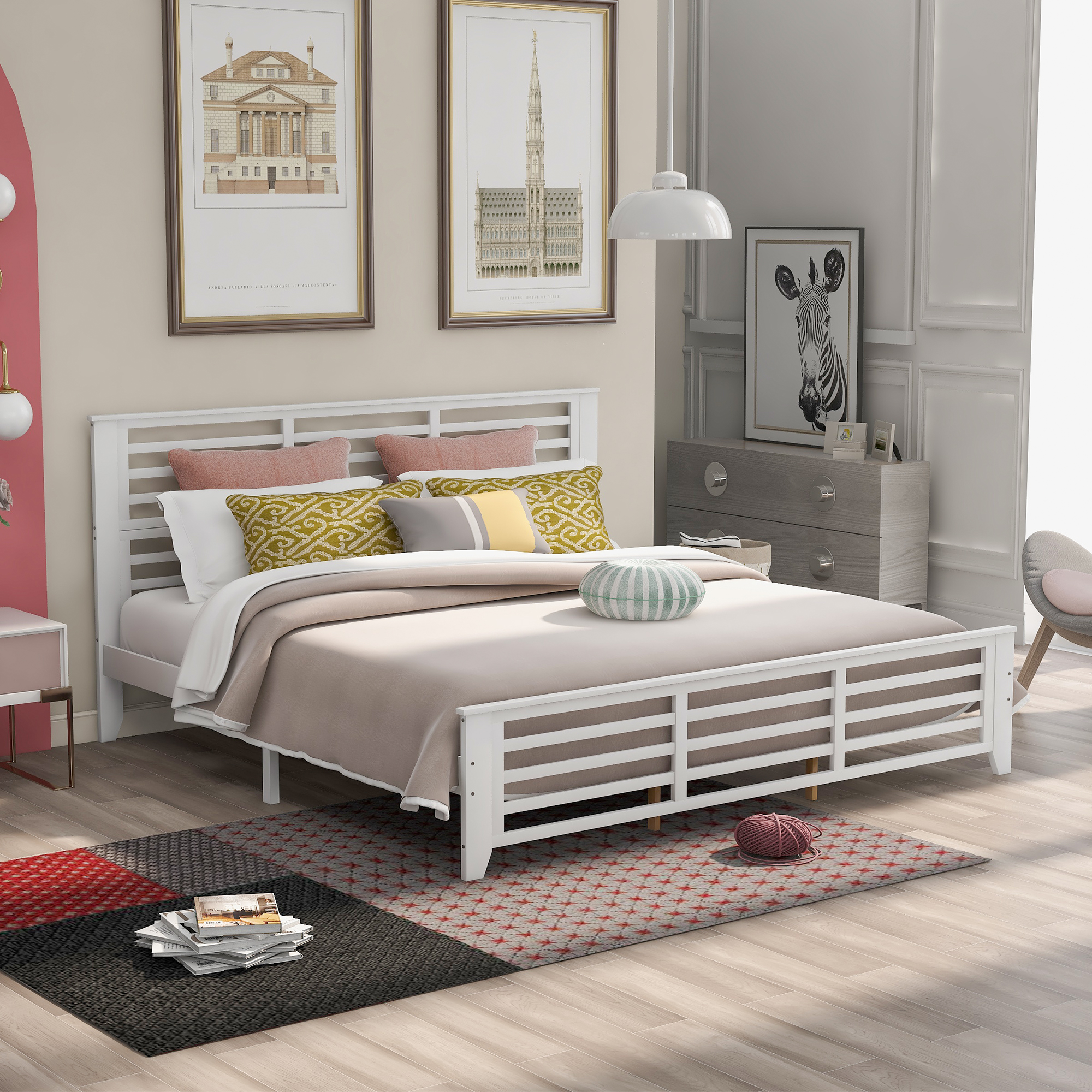 Platform bed with horizontal strip hollow shape, King size, white （New）-Boyel Living