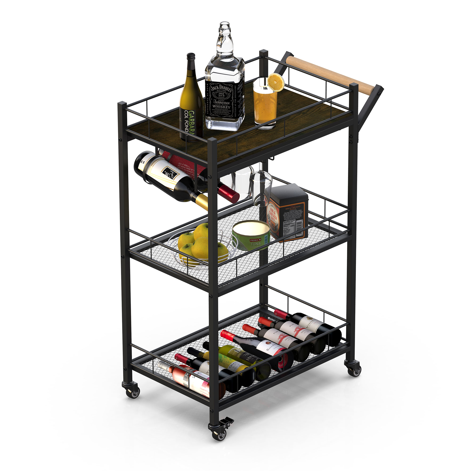 3 Tier Metal Mesh Rolling Storage Cart, Mesh Storage Pantry Cart with Lockable Wheels Wood Look Top and Metal Frame，Rolling Utility Cart for Kitchen Bathroom, Office, Library, Coffee Bar-Boyel Living