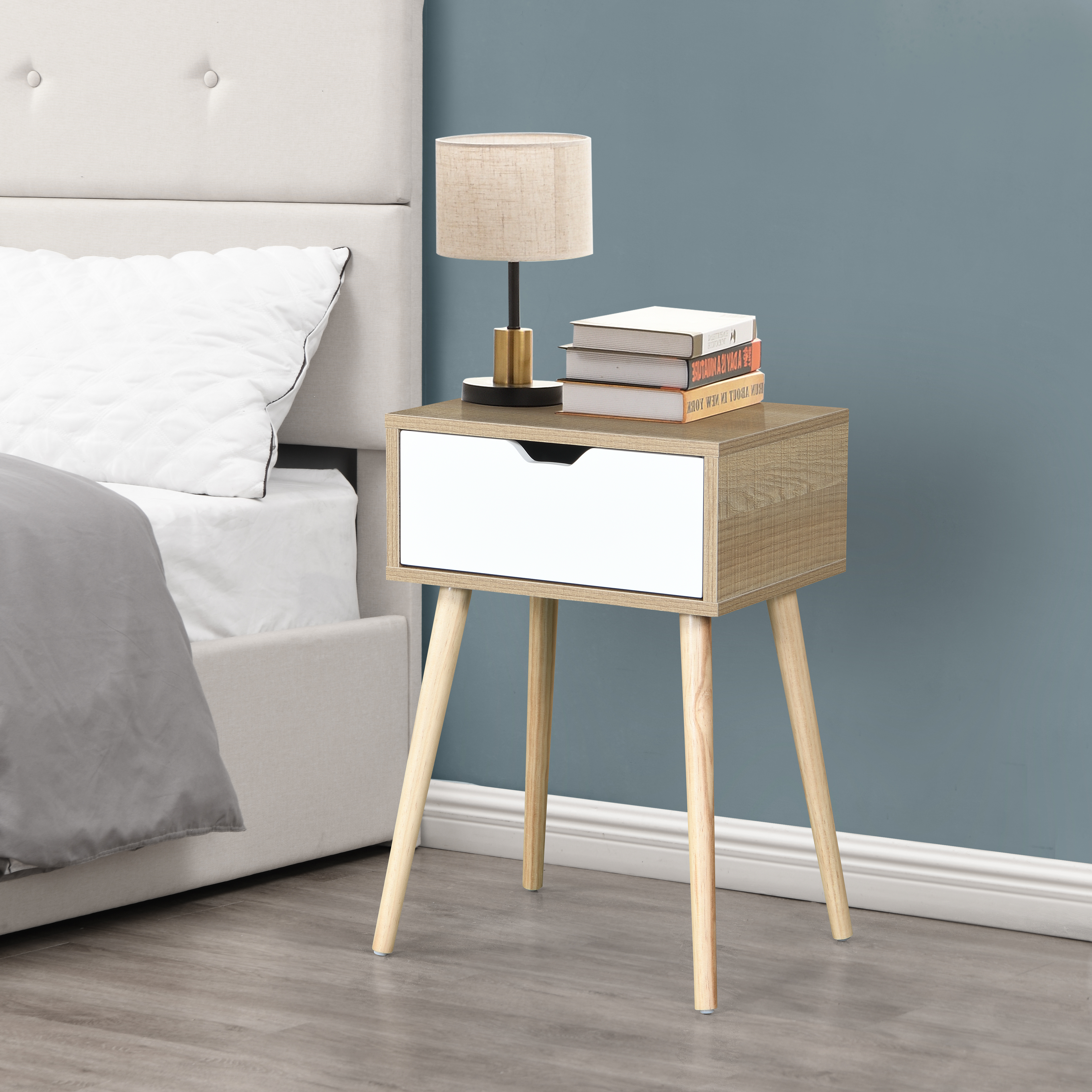 Side Table with 1 Drawer and Rubber Wood Legs, Mid-Century Modern Storage Cabinet for Bedroom Living Room Furniture, White with solid wood color-Boyel Living