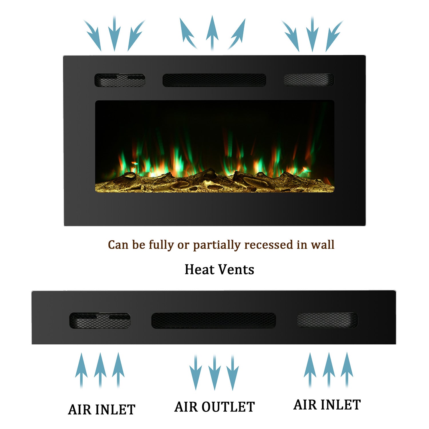 Boyel Living Electric Wall Mounted Recessed Fireplace with Remote 1500/750 Watt in Black, 30/36/40/50/60 in.-Boyel Living