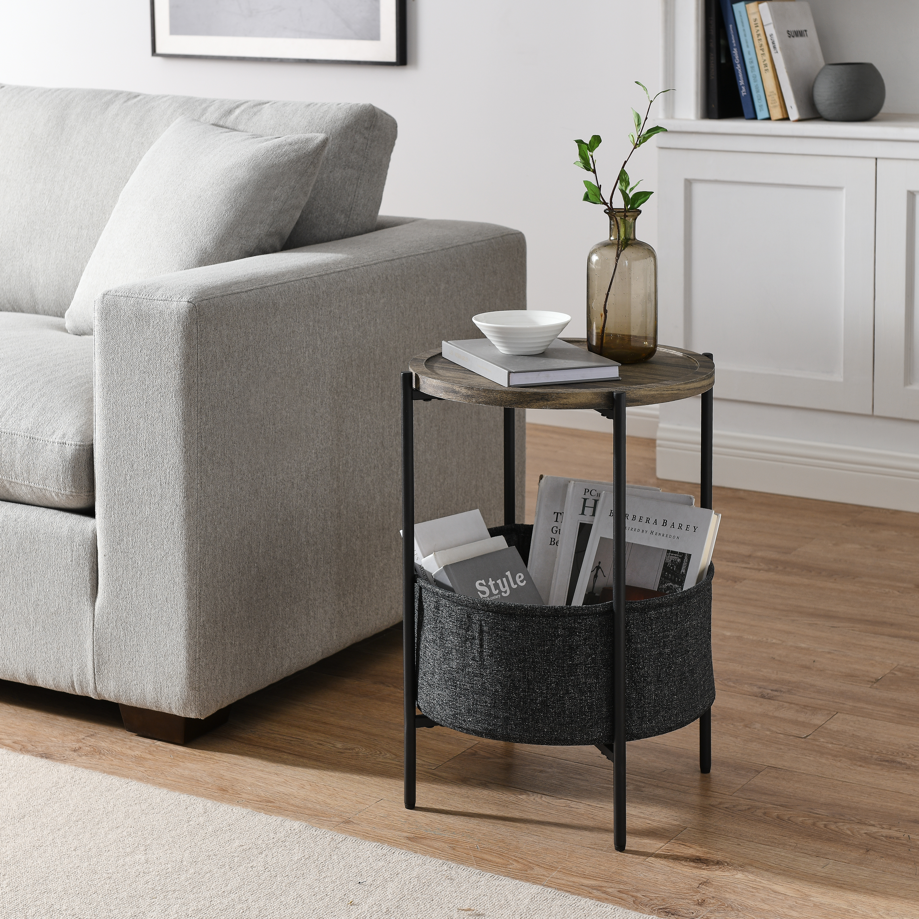 Modern Accent End Table with Storage Basket，Grey Cloth Bag and Brown Top （18&ldquo;x18&rdquo;x24&ldquo;）-Boyel Living