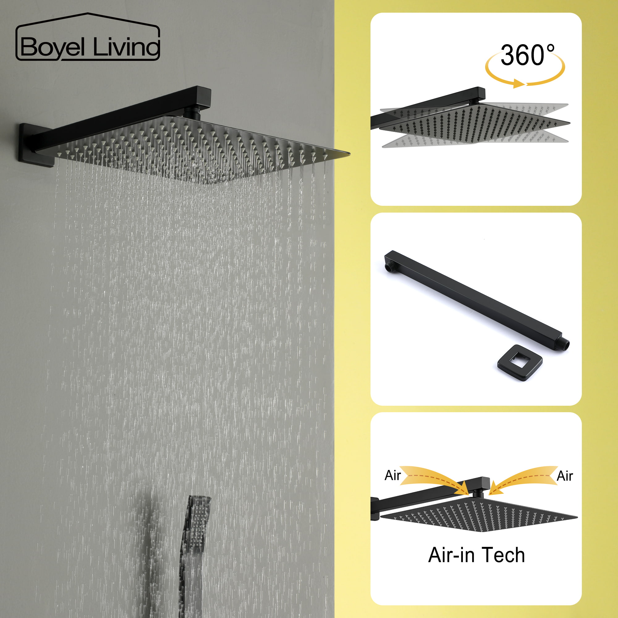 Rain Shower Head System Combo Set with 12 Inches Square Shower Head Support Swivel-Boyel Living