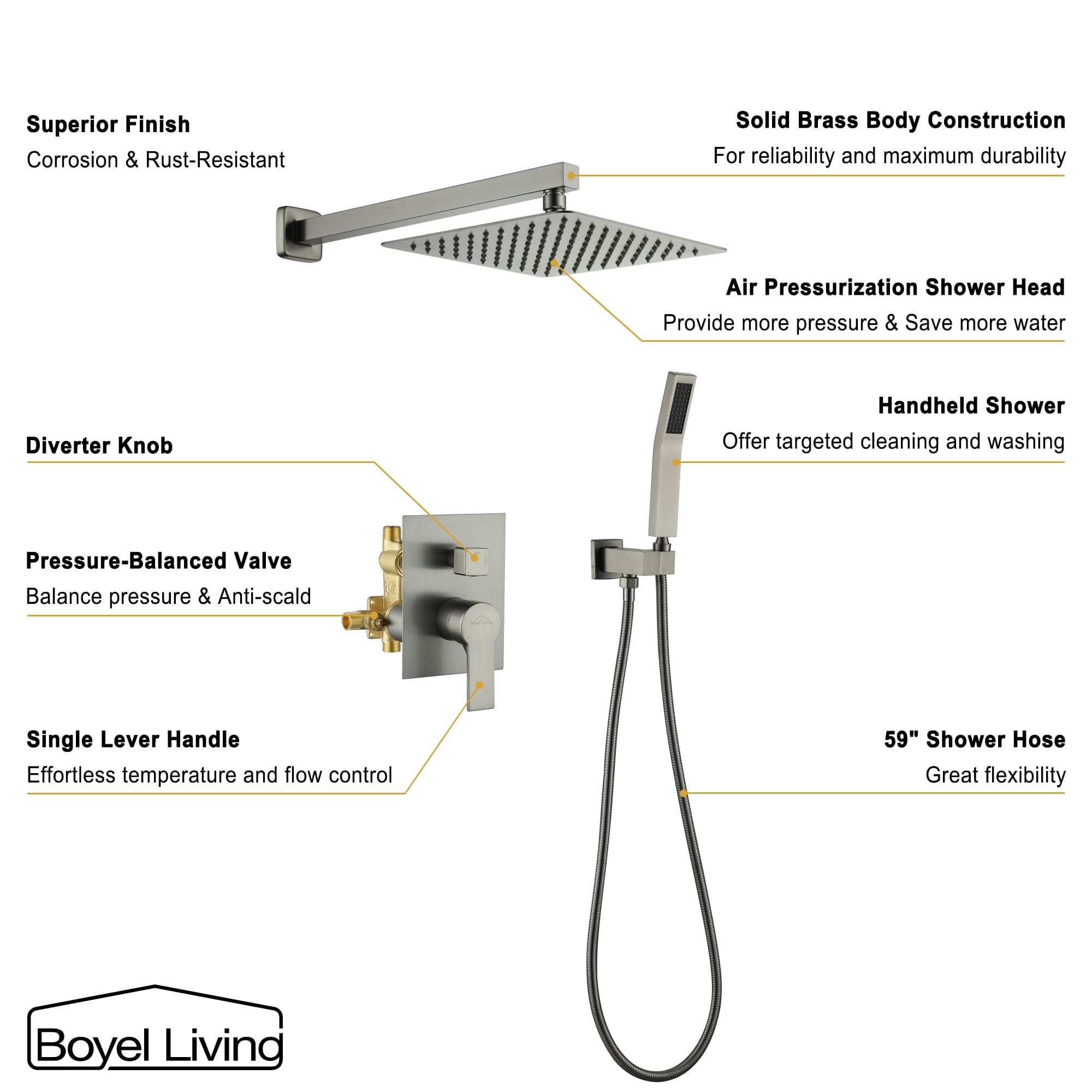 Boyel Living Wall Mount Rainfall Complete Shower System in Brushed Nickel, 10/12 in. -Boyel Living