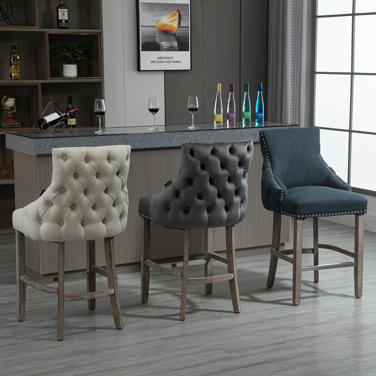 40 in. Gray Velvet+PU Fabric Nailhead Tufted Bar Stool with 4 Solid Wood Legs, Set of 2-Boyel Living