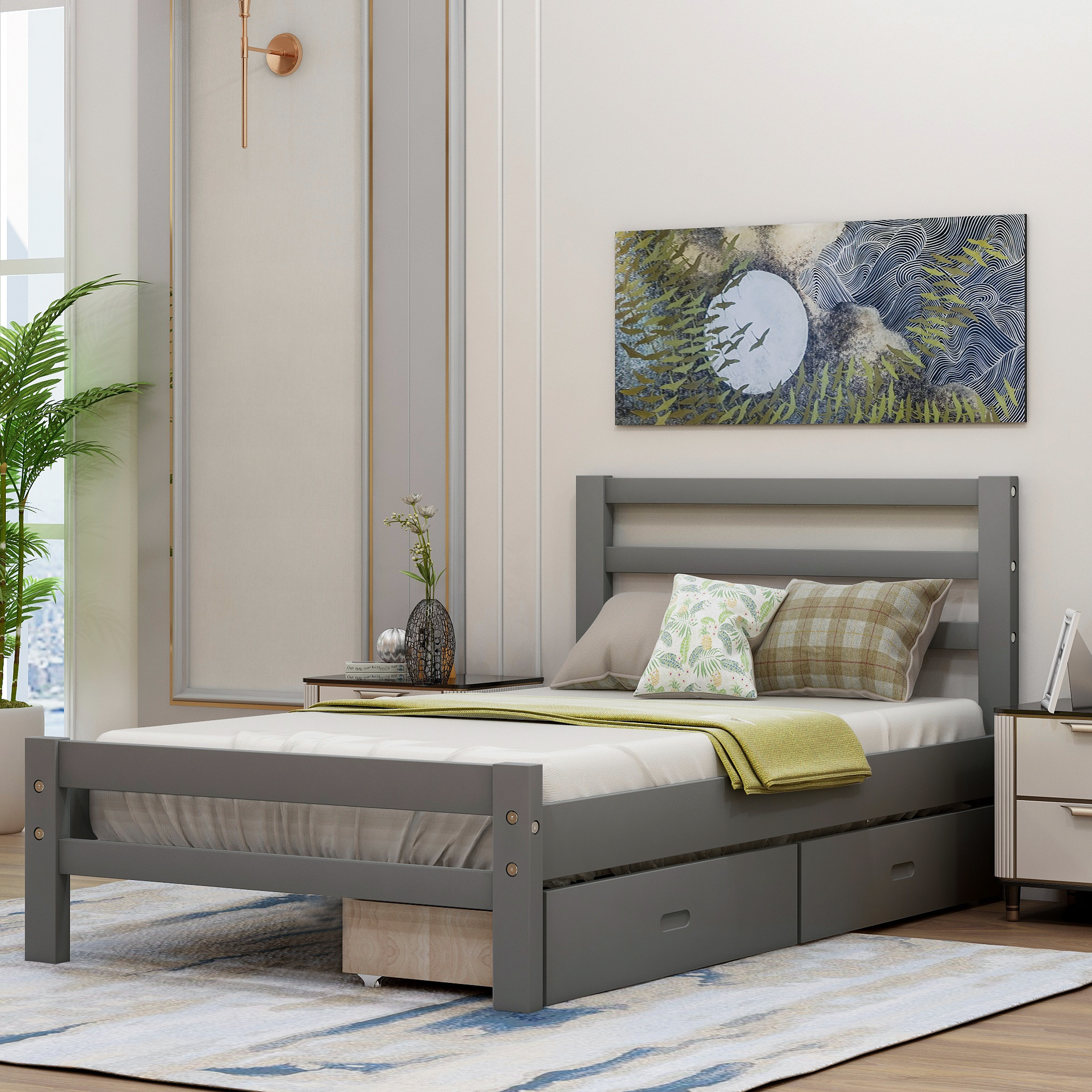 Wood platform bed with two drawers, twin (gray)-Boyel Living