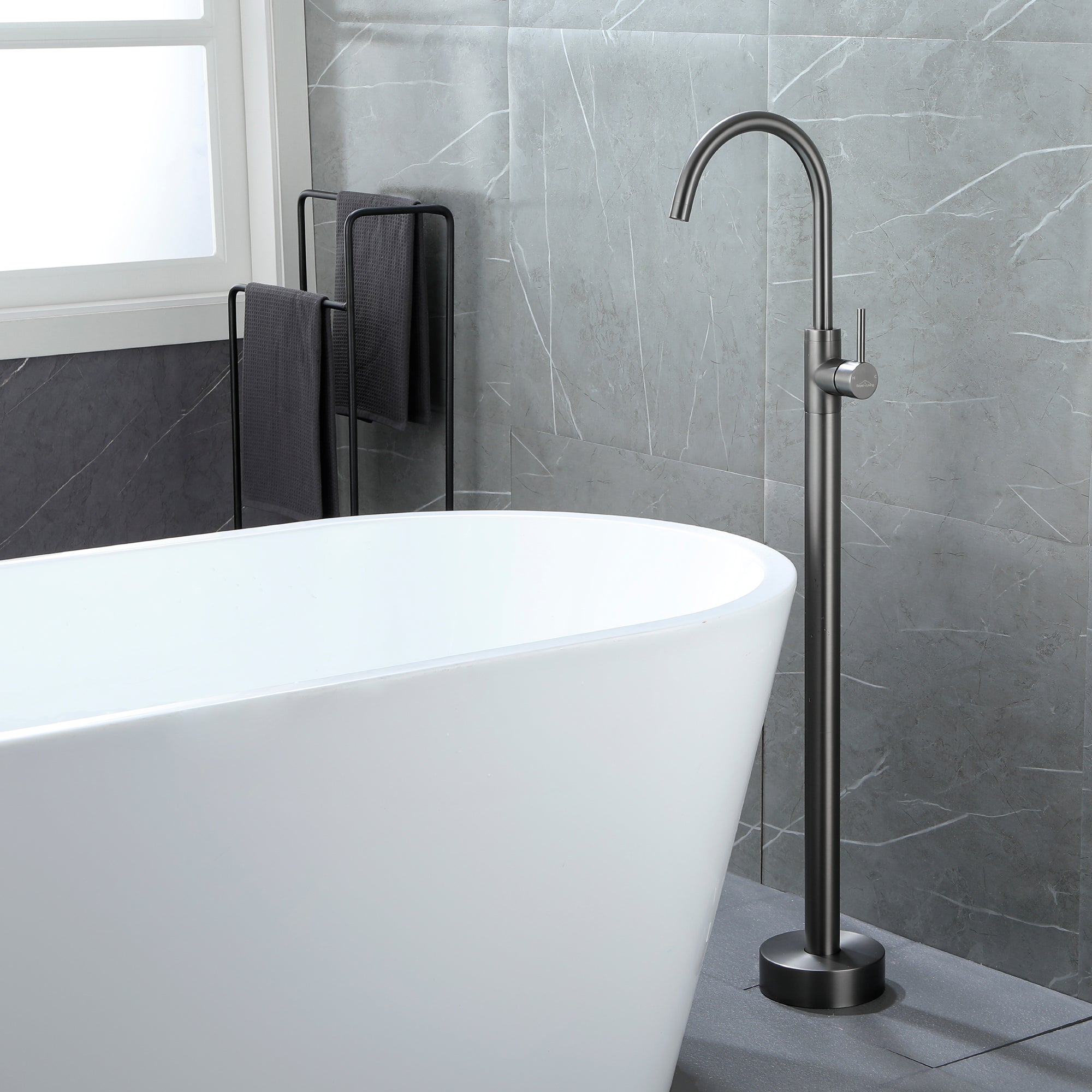 Boyel Living Freestanding Floor Mount Single Handle Bath Tub Filler Faucet with Water Supply Lines in Gunmetal Gray-Boyel Living