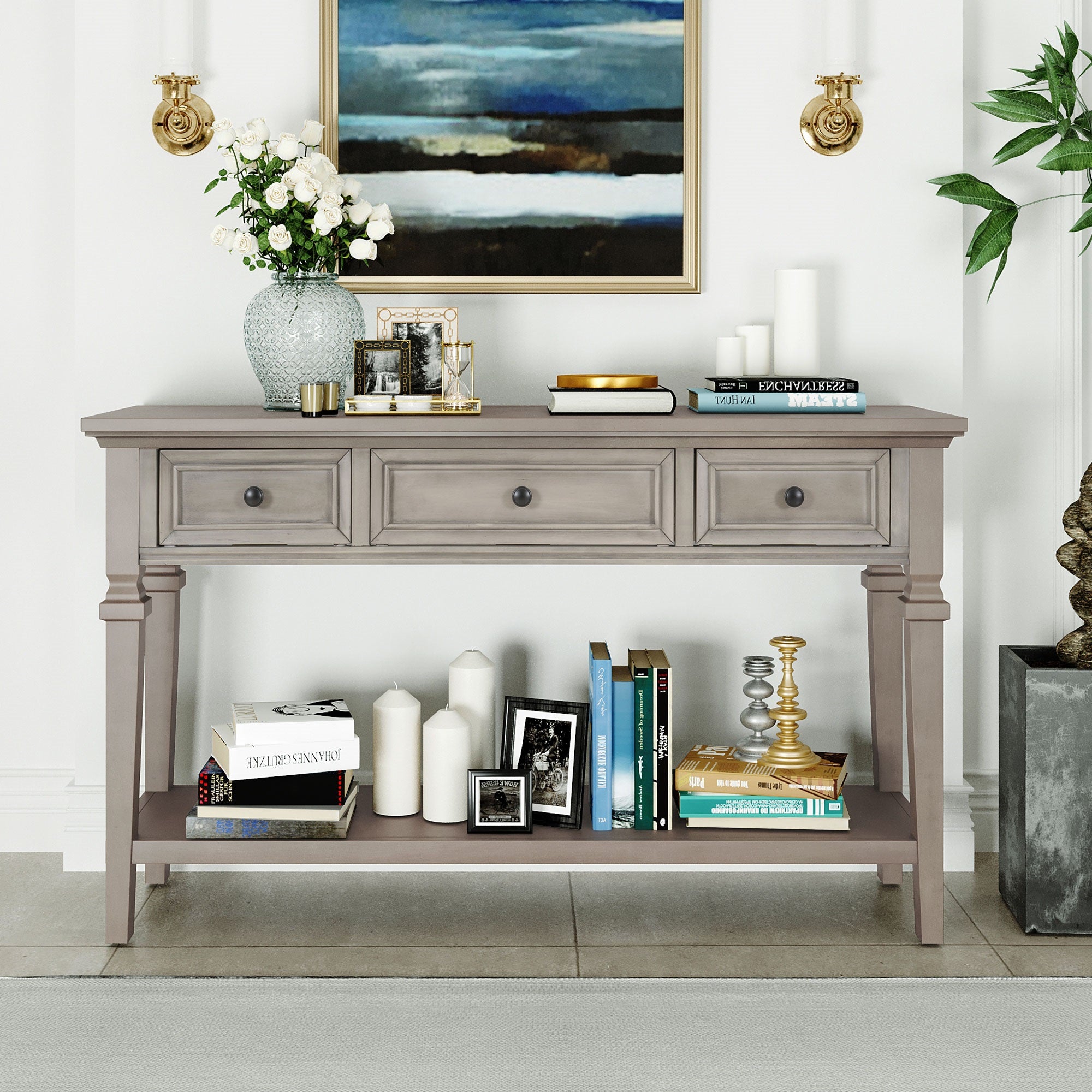 Classic Retro Style Console Table with Three Top Drawers and Open Style Bottom Shelf, Easy Assembly-Boyel Living