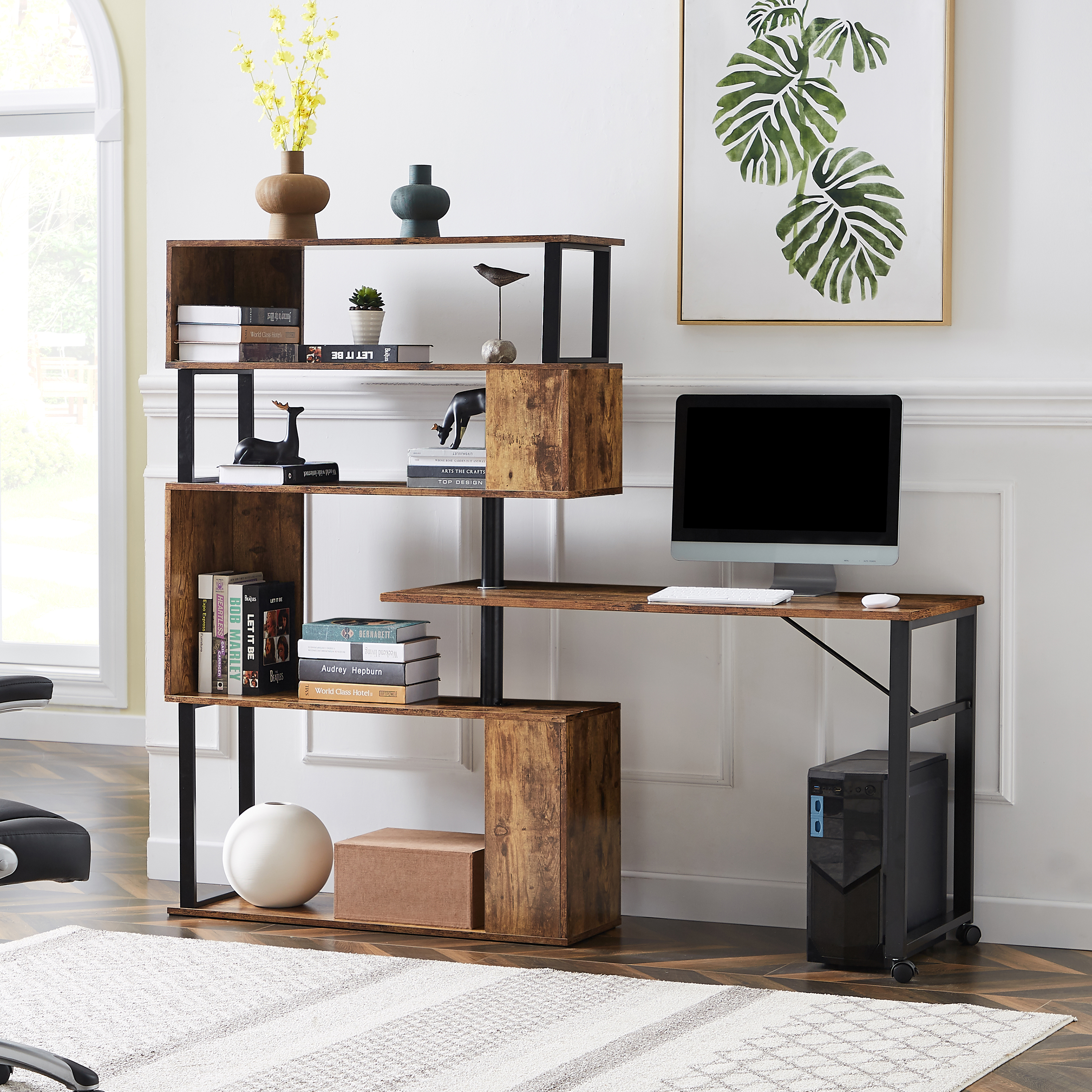 Home Office Computer Desk L-Shaped Corner Table, Rotating Computer Table with 5-Story Bookshelf,four installation methods,Lockable casters(Tiger)-Boyel Living