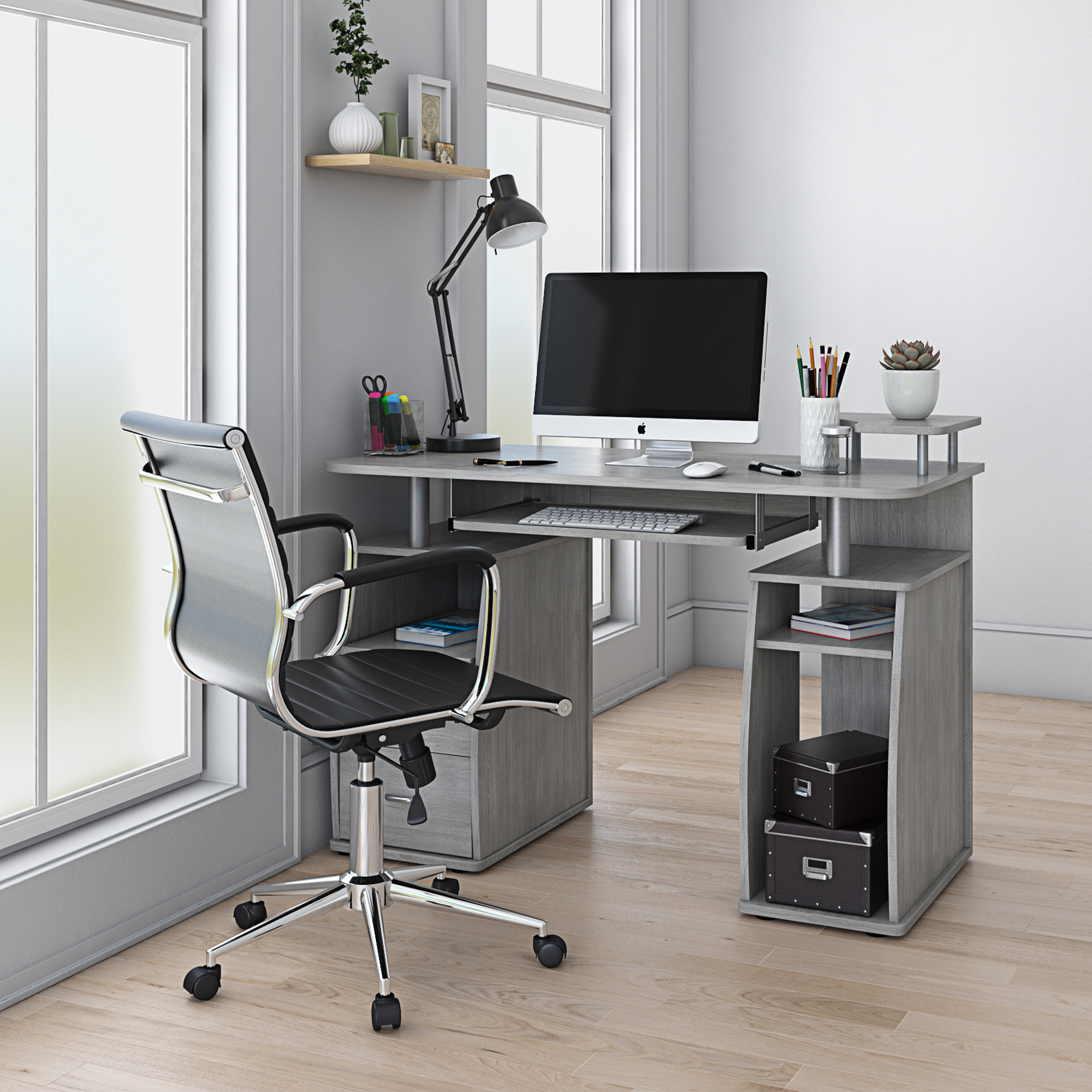 Techni Mobili Complete Workstation Computer Desk with Storage, Grey