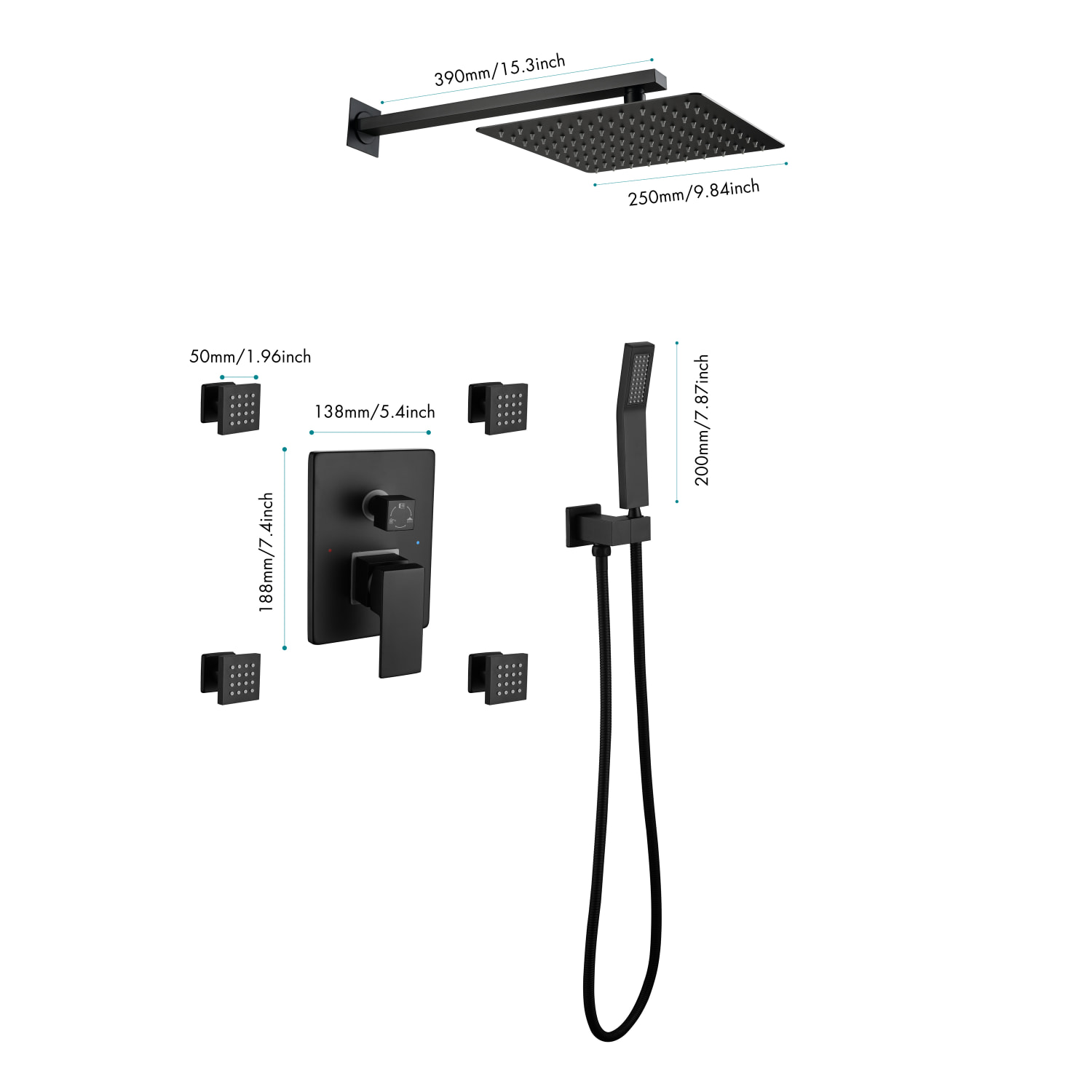 Boyel Living Wall Mounted Shower System with Handheld and Side Spray Dimensions-Boyel Living