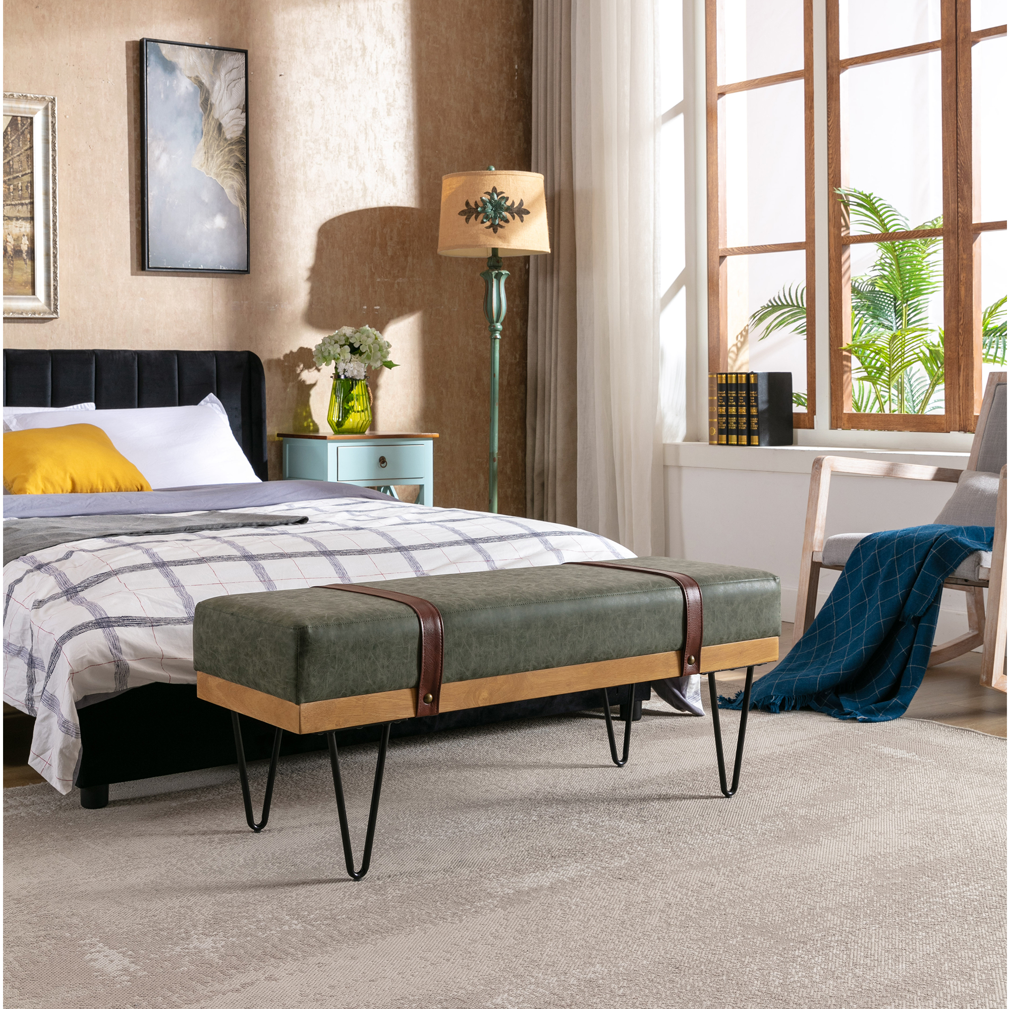 Faux leather soft cushion Upholstered solid wood frame Rectangle bed bench with powder coating metal legs ,Entryway footstool-Boyel Living