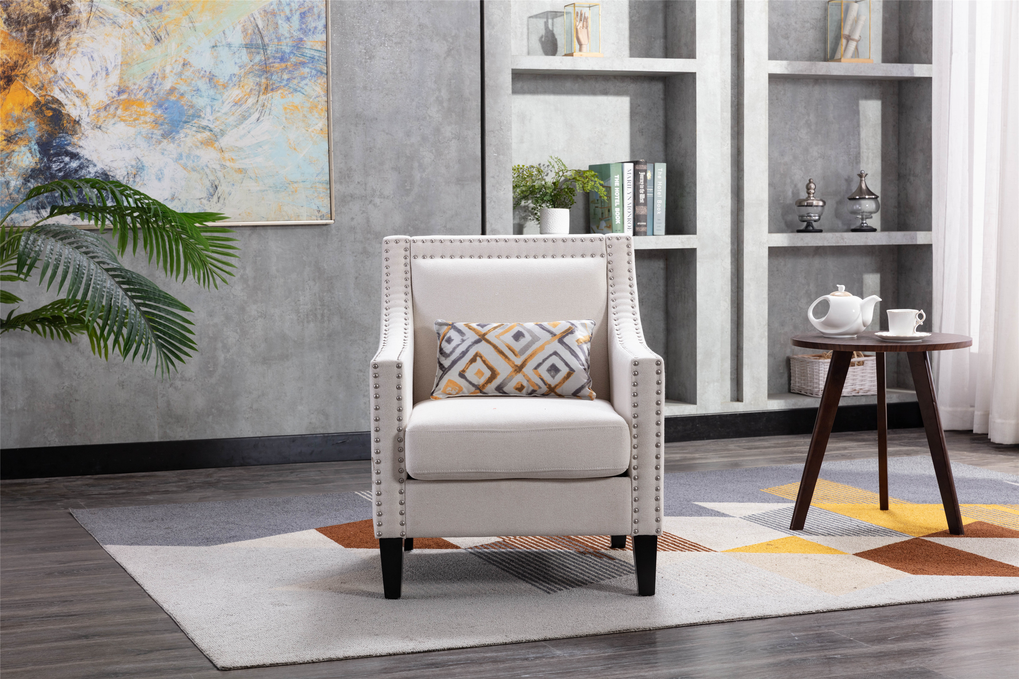 COOLMORE  accent armchair living room chair  with nailheads and solid wood legs Beige  Linen-Boyel Living