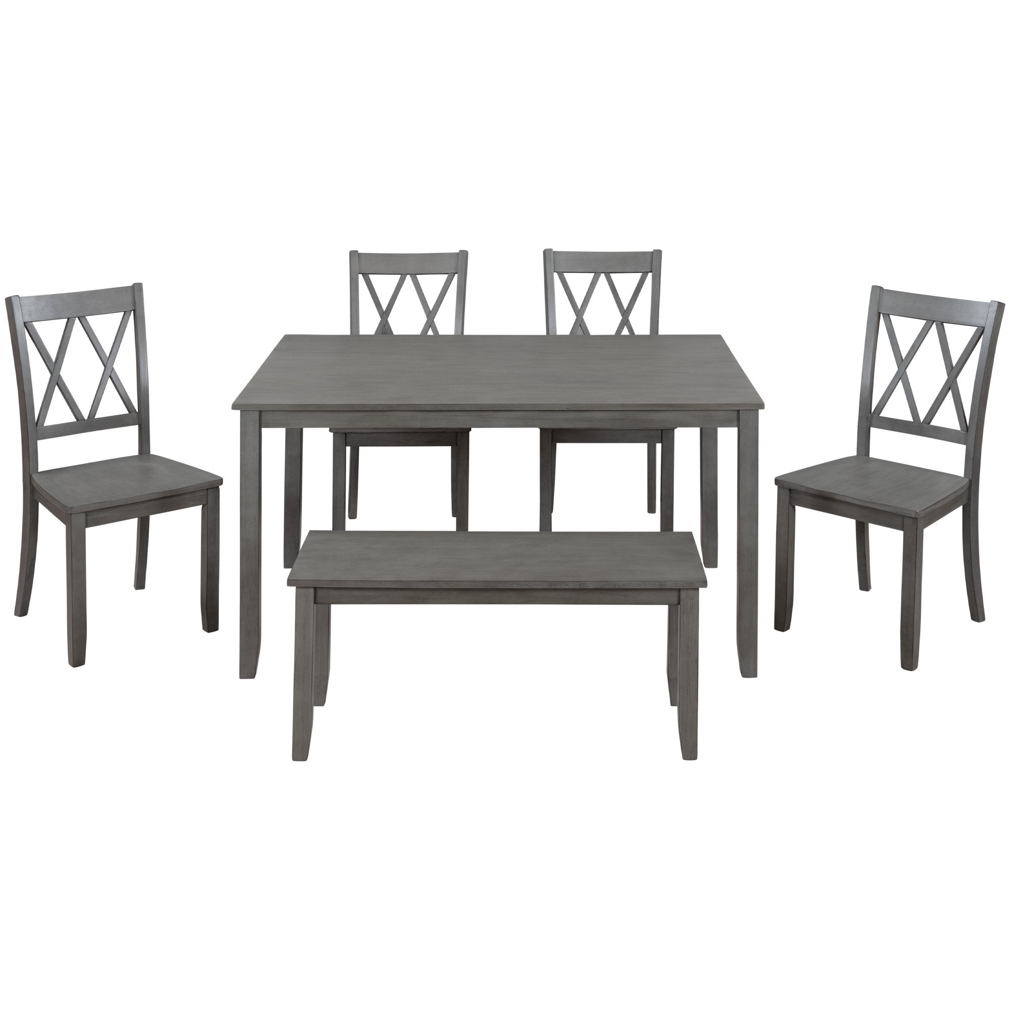 6-piece Wooden Kitchen Table set, Farmhouse Rustic Dining Table set with Cross Back 4 Chairs and Bench,Antique Graywash-Boyel Living