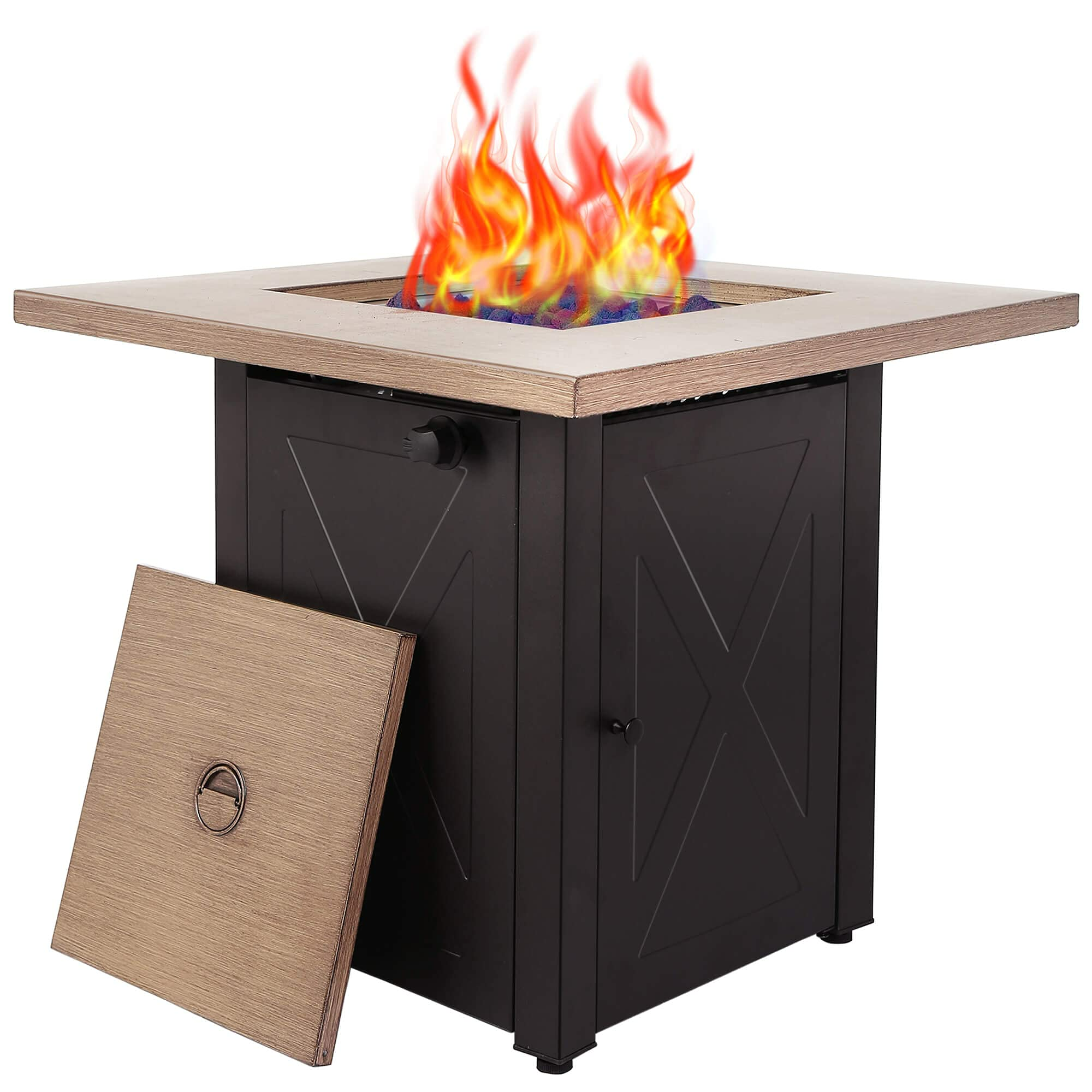 28inch Outdoor Gas Fire Pit Table , 48,000 BTU, Square Outside Propane Patio Fire-table, Bionic Wood Grain Lid-Boyel Living