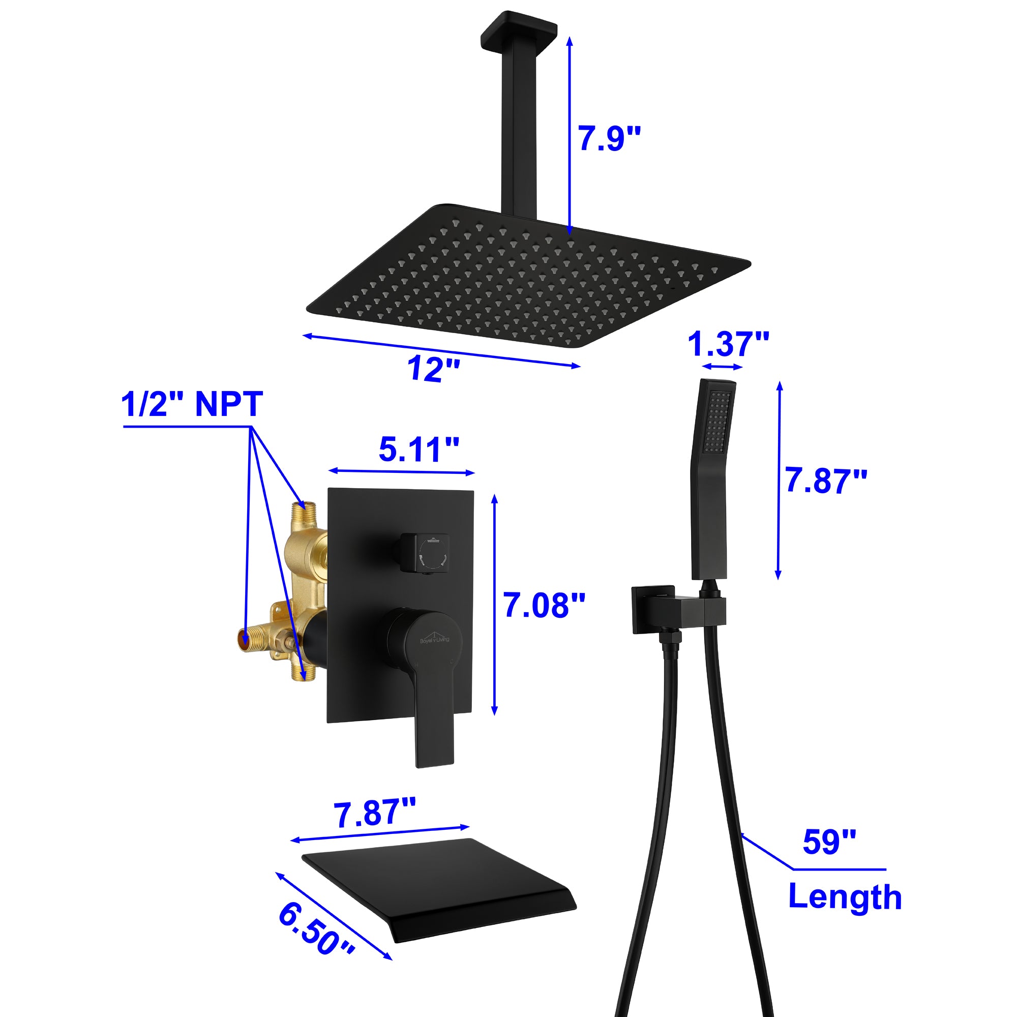 Boyel Living 12 in. Ceiling Mount Dual Shower Heads System with Large Tub Spout Dimensions-Boyel Living
