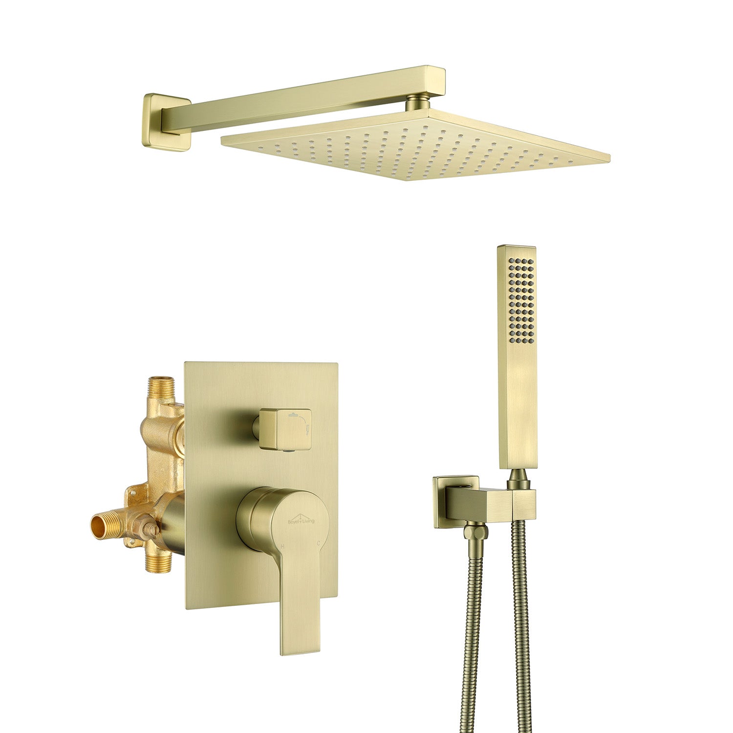 Boyel Living Shower Head System 10 in. Wall Mounted Dual Shower Heads with Rough-In Valve Body and Trim in Brushed Gold-Boyel Living
