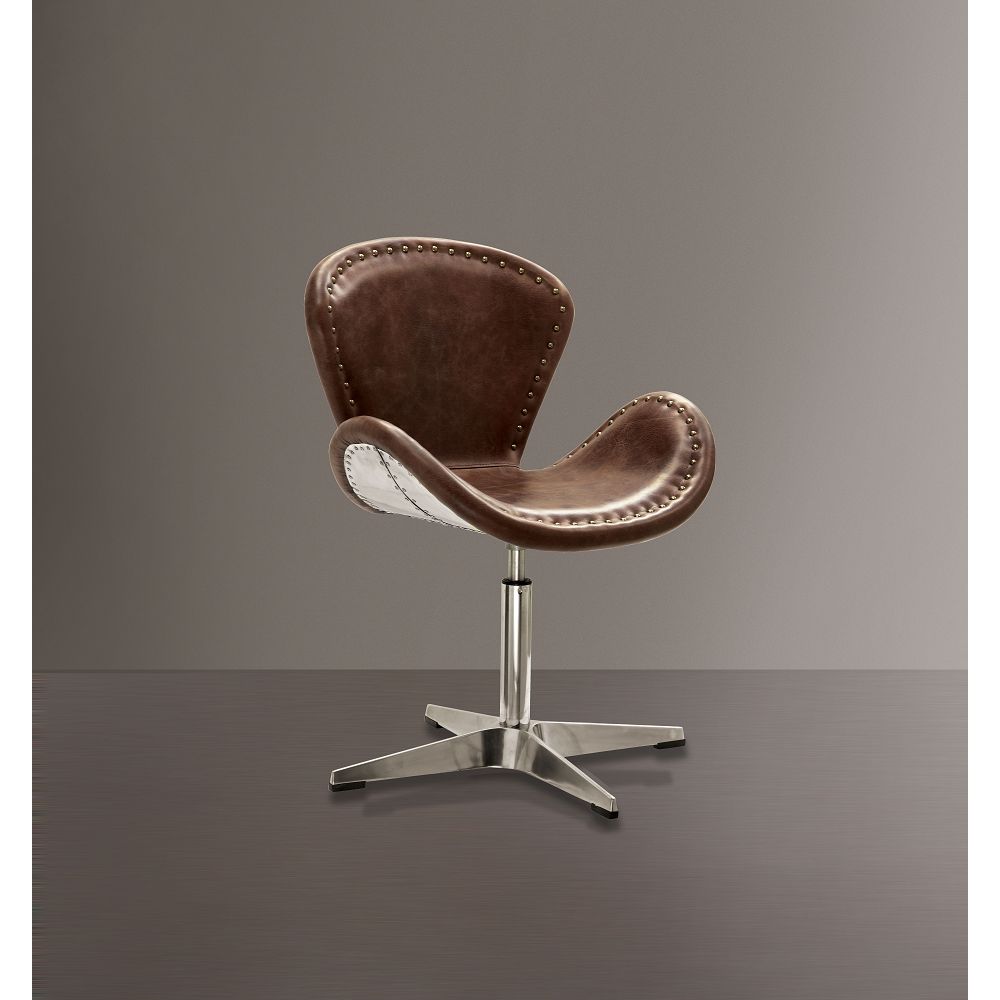 ACME Brancaster Accent Chair (1Pc) in Retro Brown Top Grain Leather & Aluminum-Boyel Living