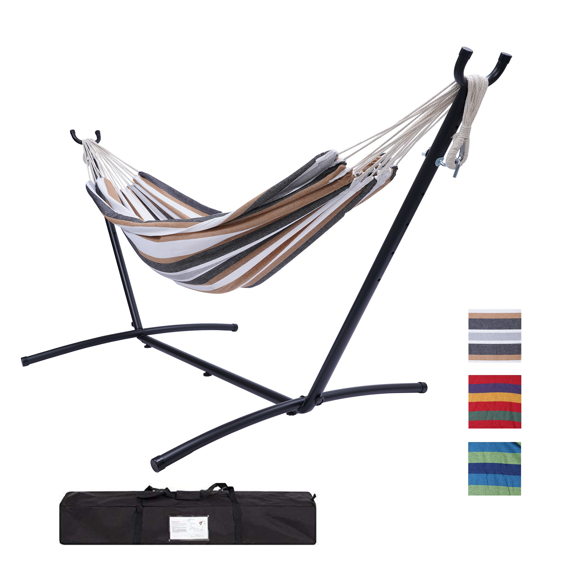Double Classic Hammock with Stand for 2 Person- Indoor or Outdoor Use-with Carrying Pouch-Powder-coated Steel Frame - Durable 450 Pound Capacity，Brown/Gray Striped-Boyel Living