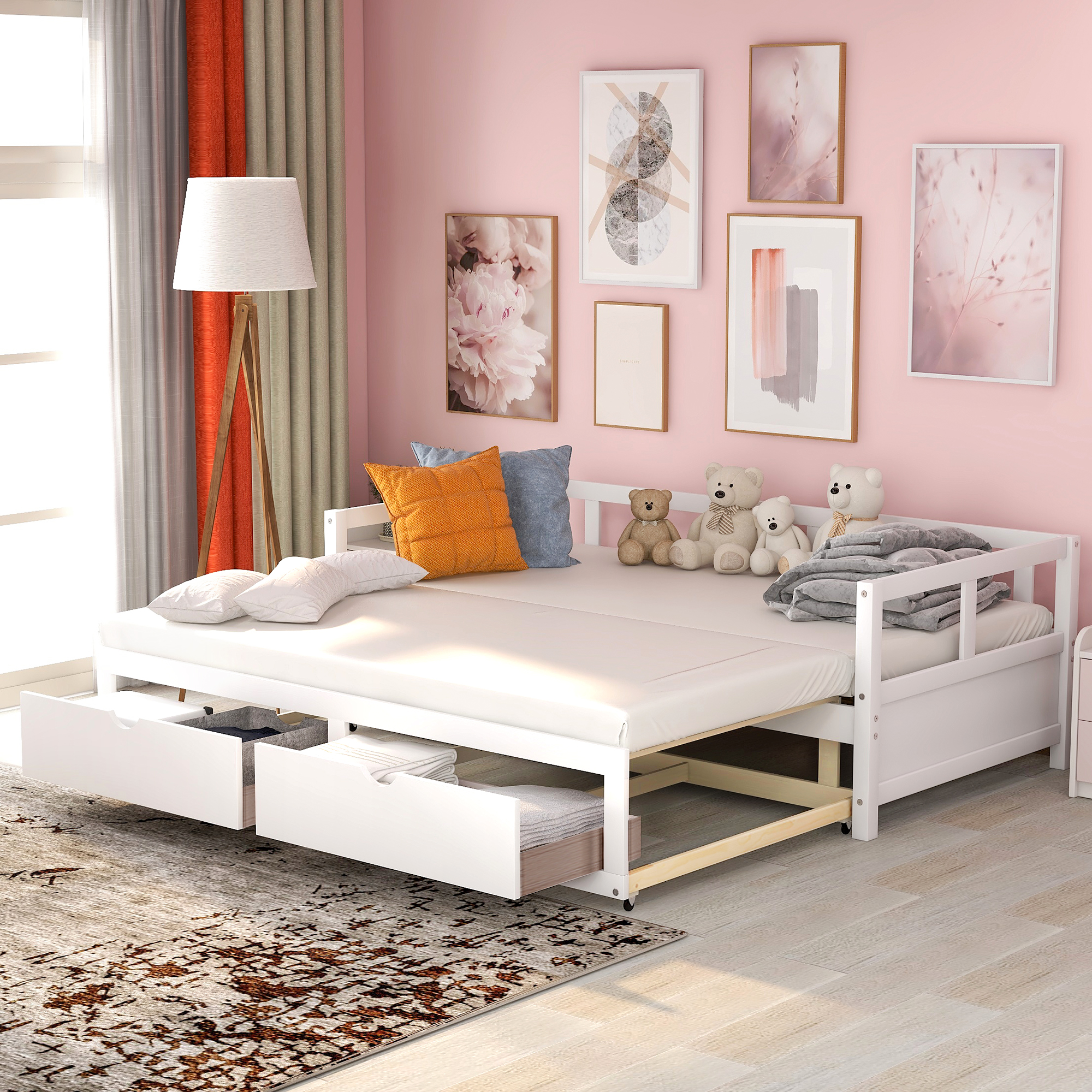 Wooden Daybed with Trundle Bed and Two Storage Drawers ,&nbsp;Extendable Bed Daybed,Sofa Bed for Bedroom Living Room,White-Boyel Living