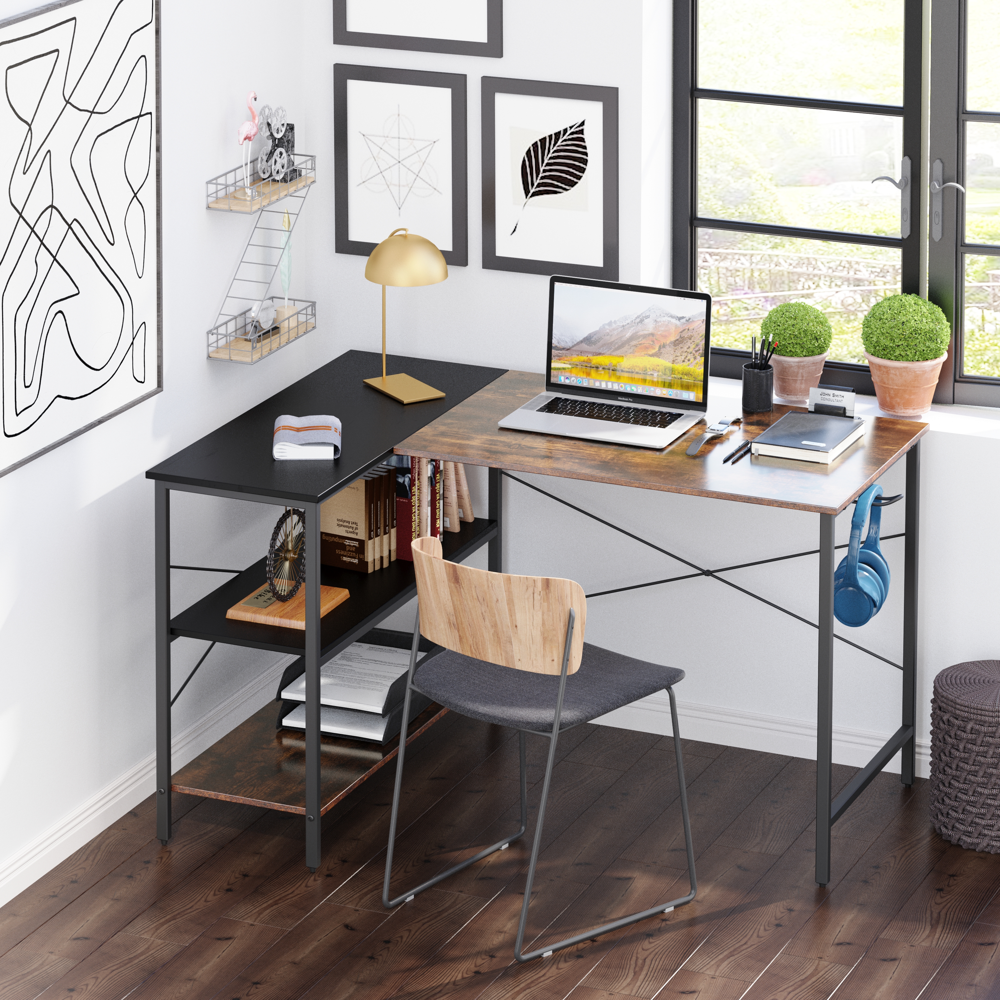 (West America Express shipping warehouse，two days to deliver goods)L-shaped black linen + retro double color matching desk-Boyel Living