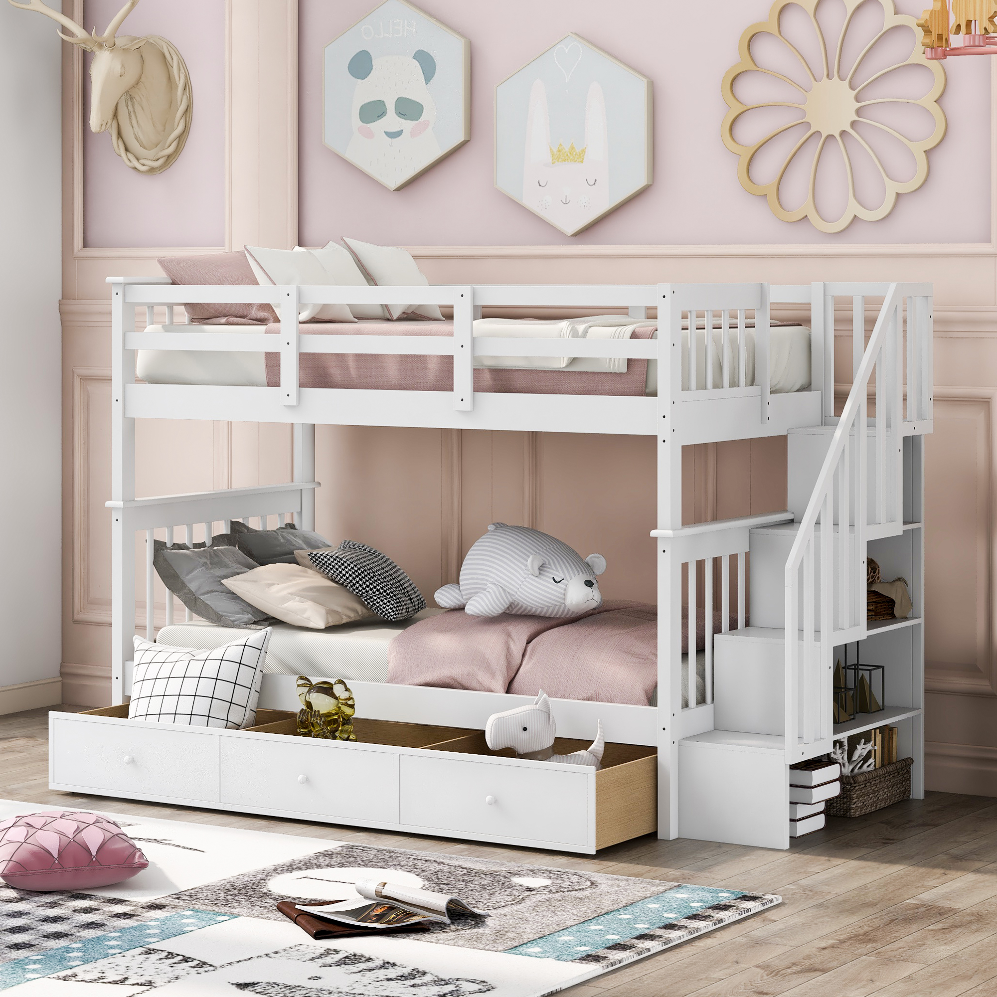 Stairway Twin-Over-Twin Bunk Bed with Three Drawers for Bedroom, Dorm - White(Old sku: LP000309AAK)-Boyel Living