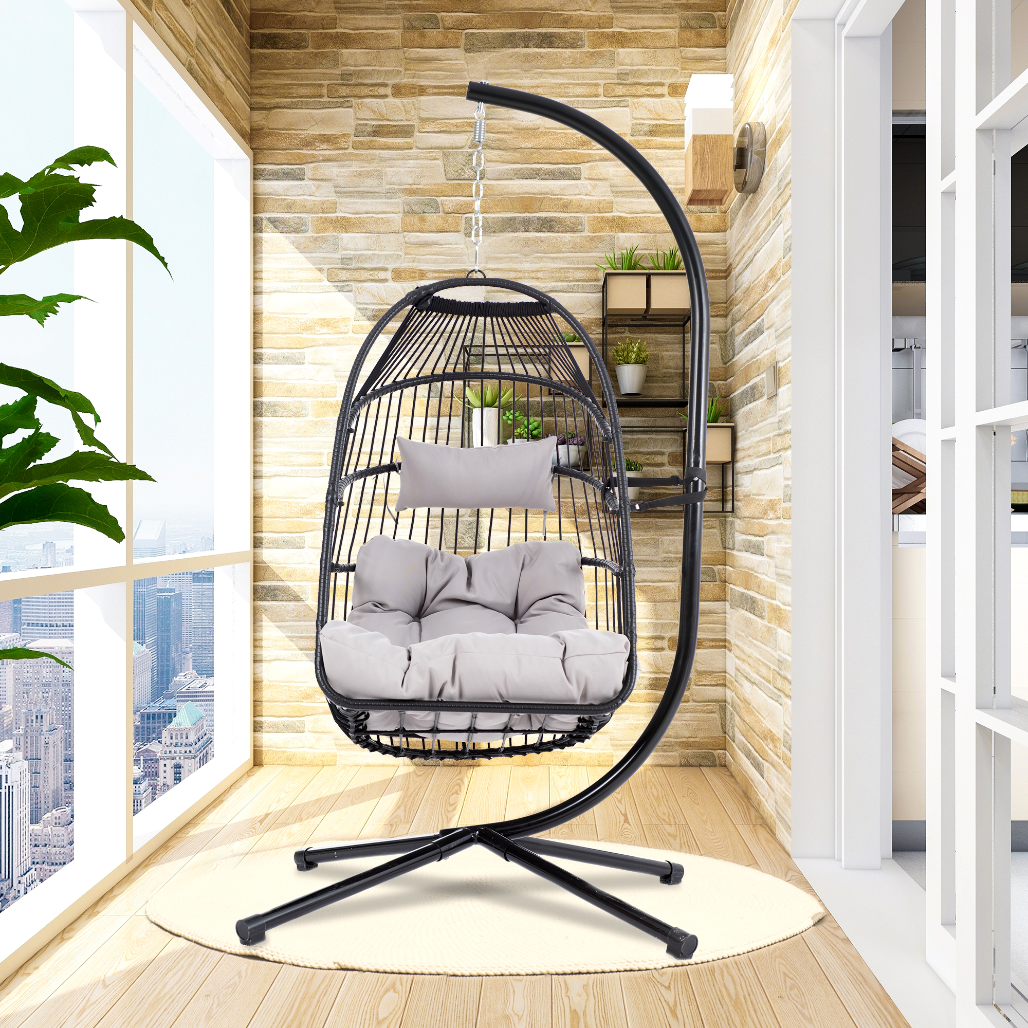 Patio Foldable Swing Chair Porch PE Wicker Egg Hanging Chair Hammock Chair w/Stand and Cushion for Outdoor Balcony Indoor Bedroom, Gray-Boyel Living
